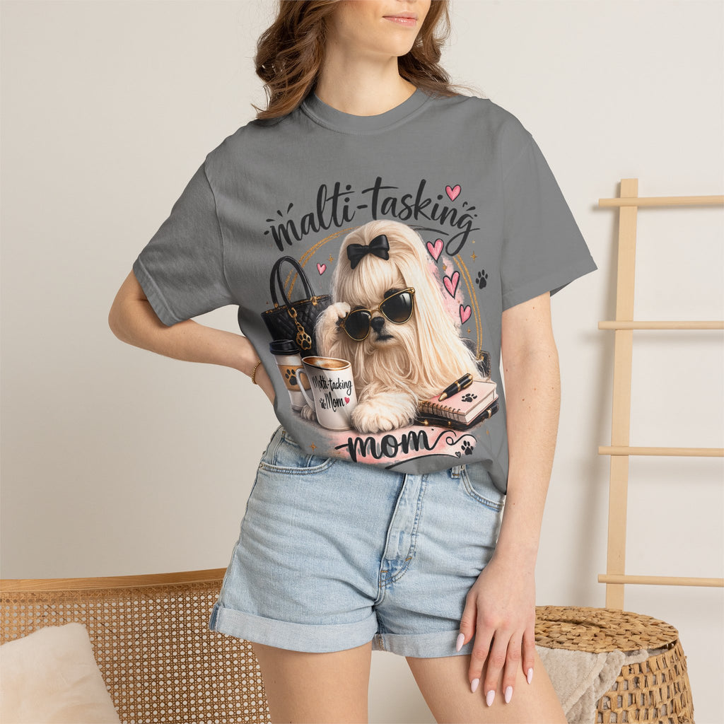 Multi-Tasking Mom T-Shirt – Cute Maltese Dog with Coffee & Handbag Graphic