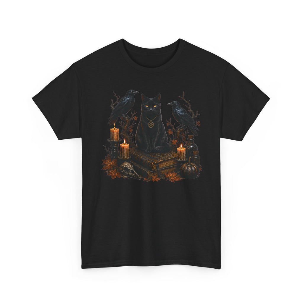 Witchy Black Cat T-Shirt — Candlelit Raven & Grimoire Gothic Tee
