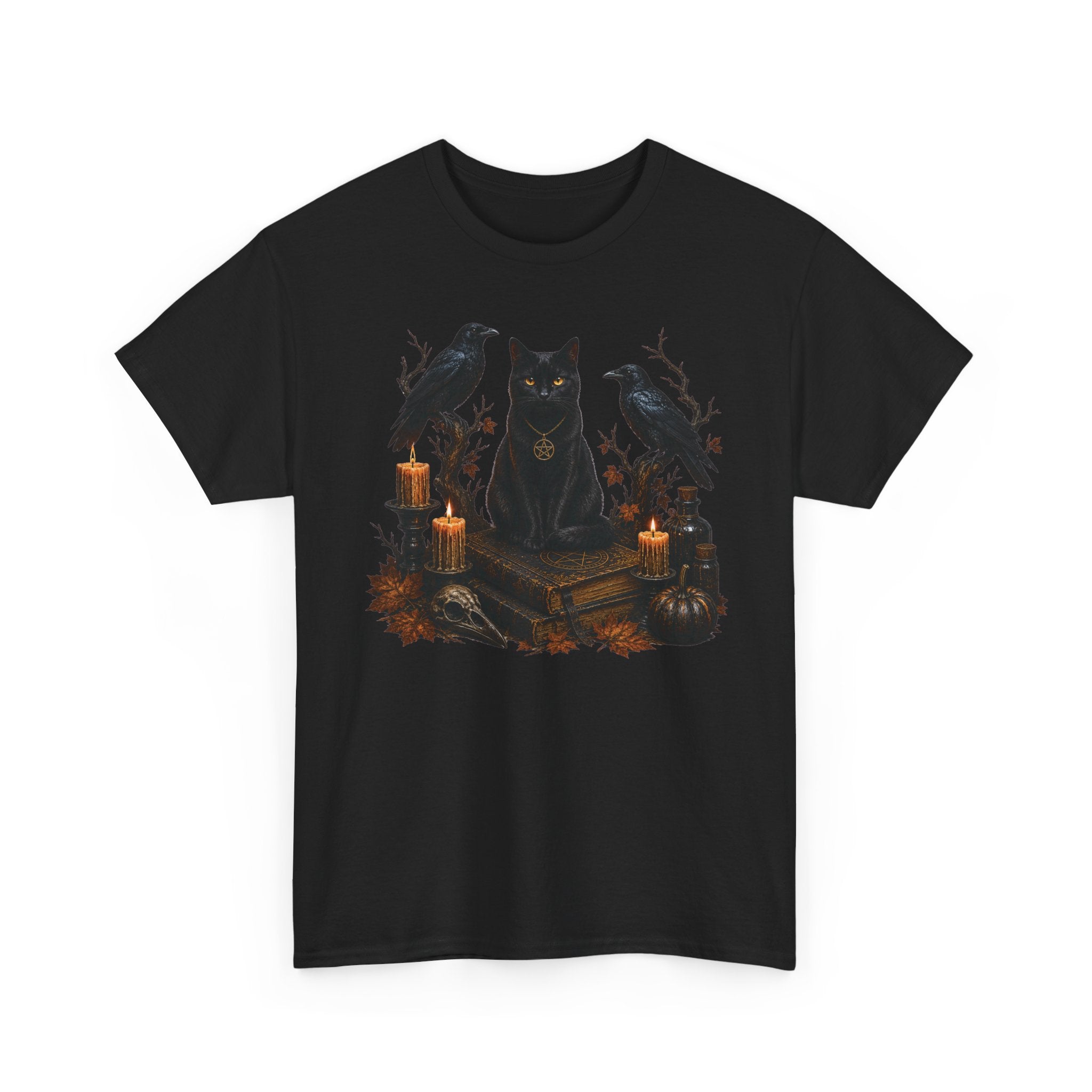 Witchy Black Cat T-Shirt — Candlelit Raven & Grimoire Gothic Tee