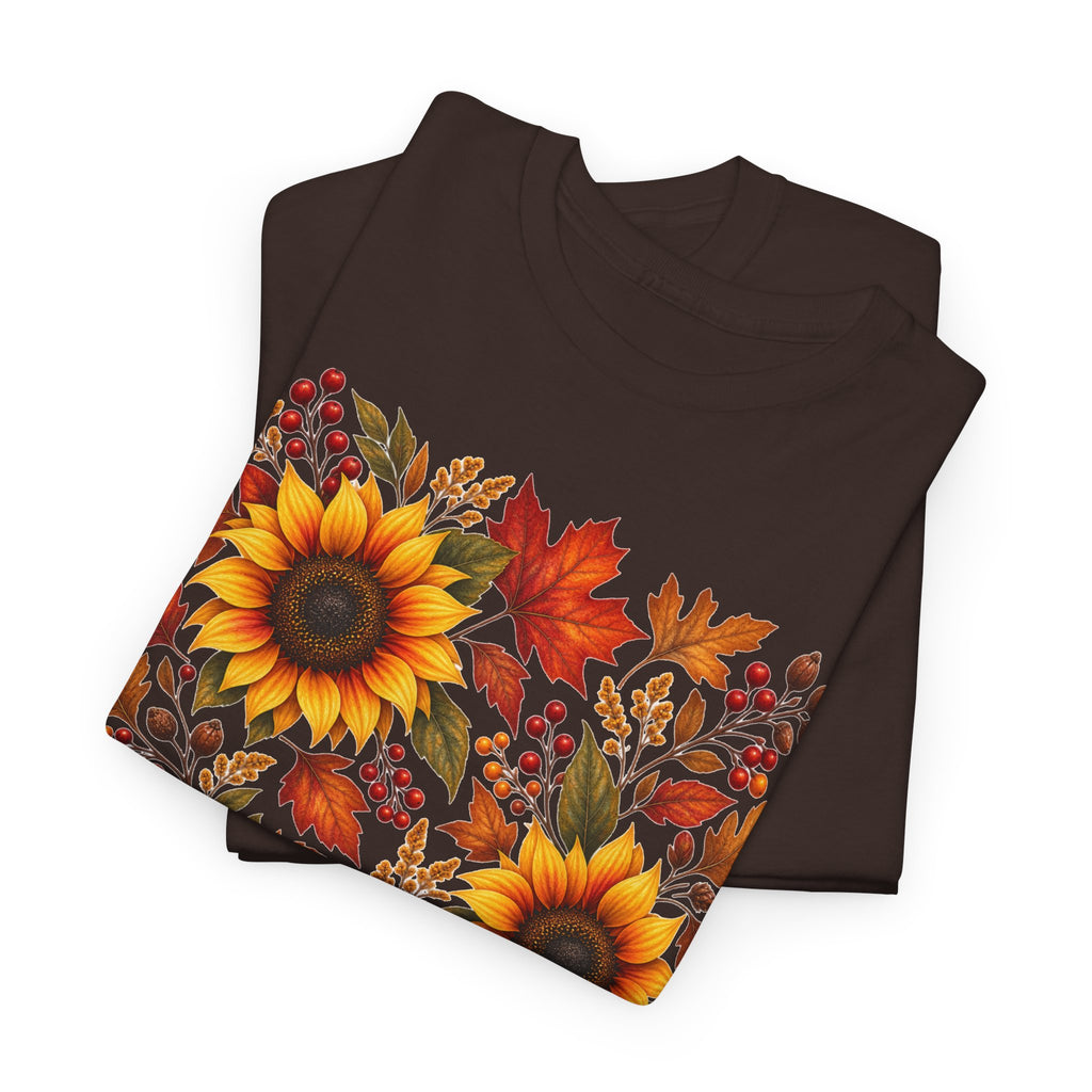 Sunflower & Autumn Leaves Tee — Fall Floral Graphic T-Shirt
