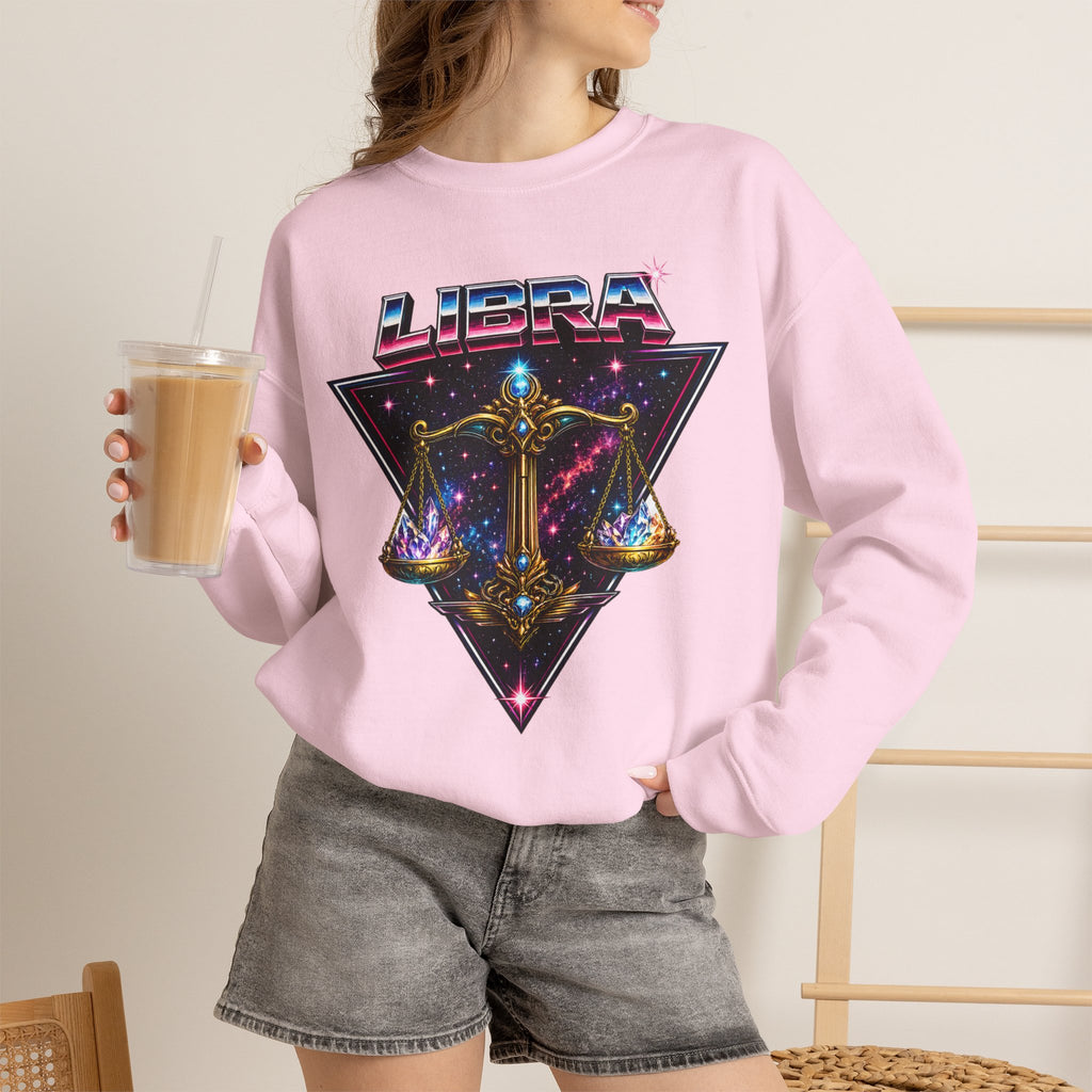Libra Zodiac Crewneck Sweatshirt — Retro Cosmic Scales Astrology Graphic