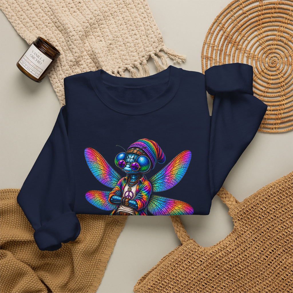 Neon Dragonfly Crewneck Sweatshirt — Rainbow Cyberpunk Kitty Graphic