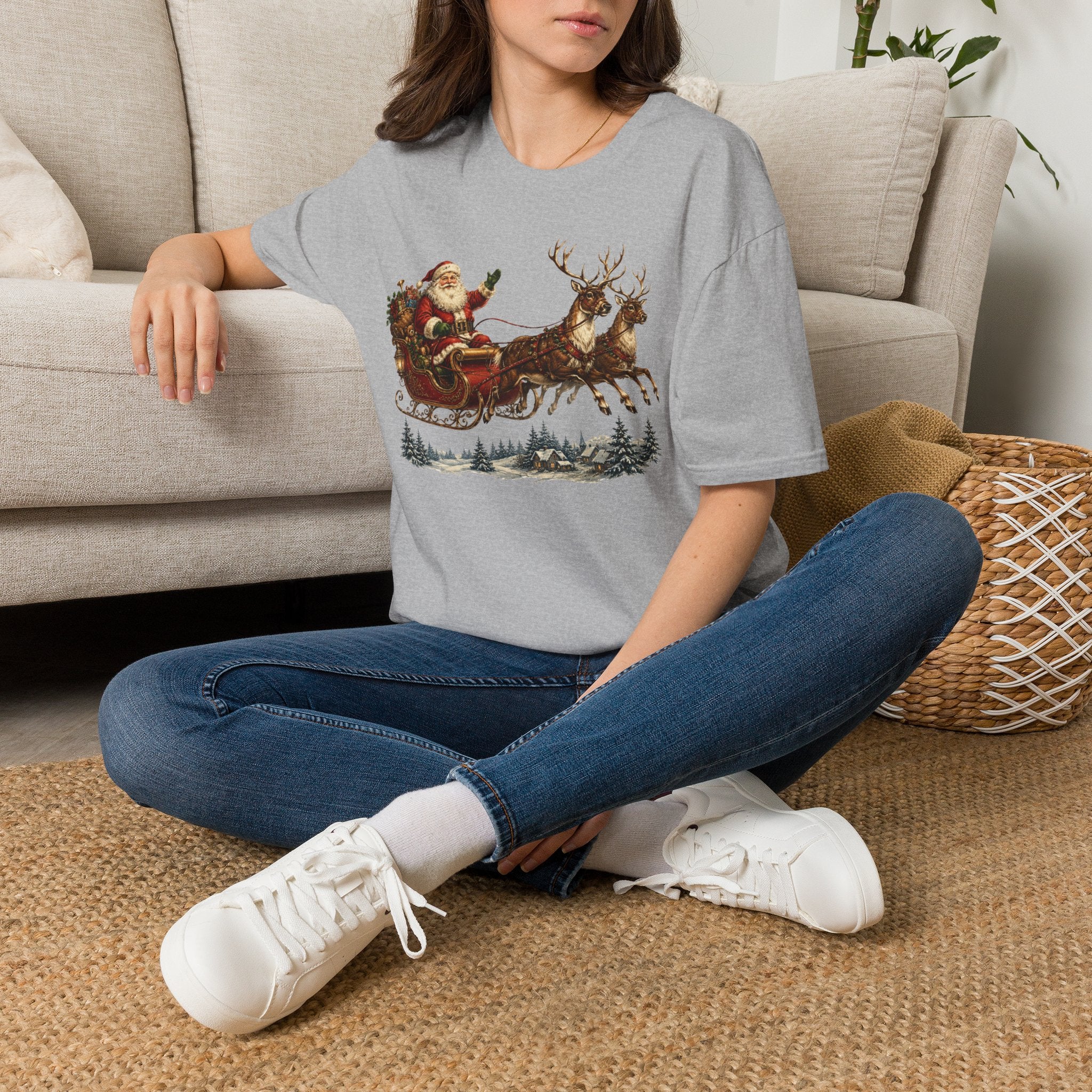 Santa Sleigh T-Shirt — Vintage Christmas Reindeer Holiday Tee
