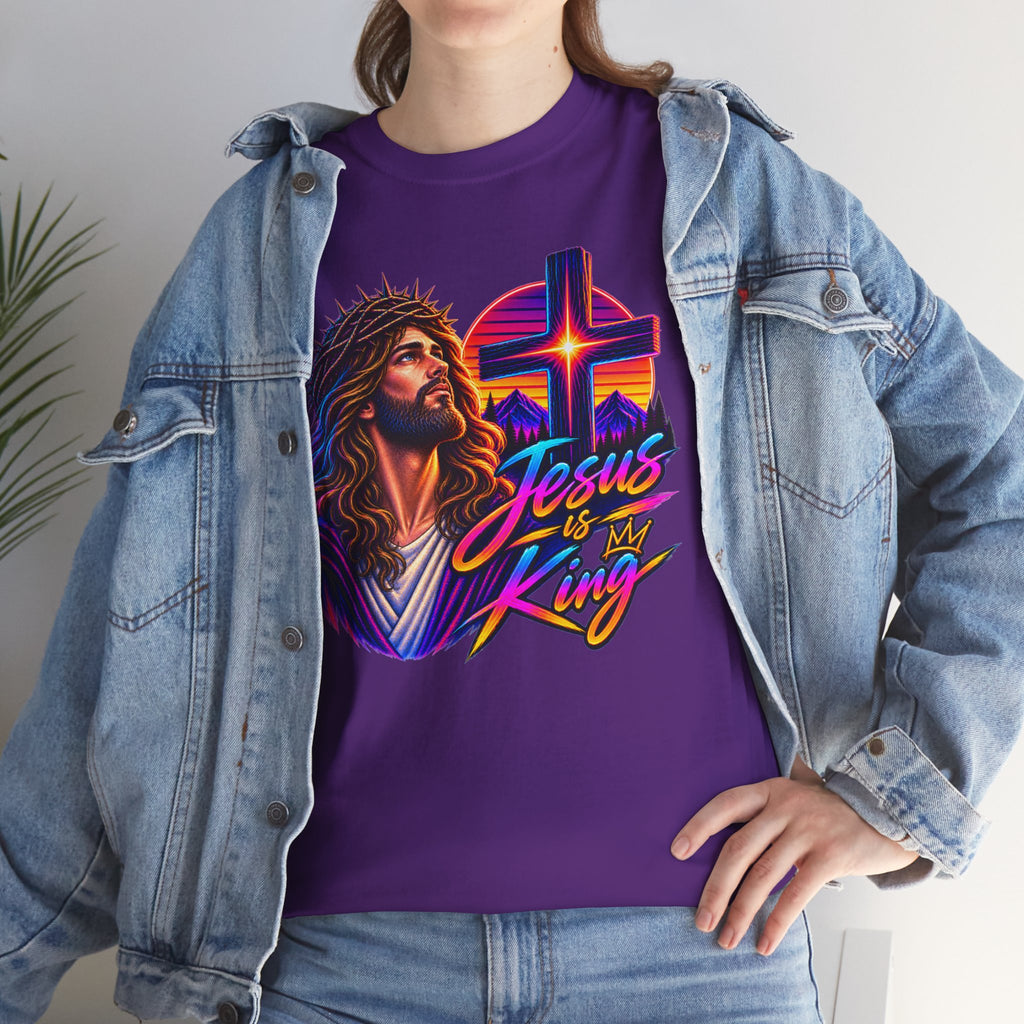 Jesus Is King T-Shirt — Neon Portrait Cross Christian Tee