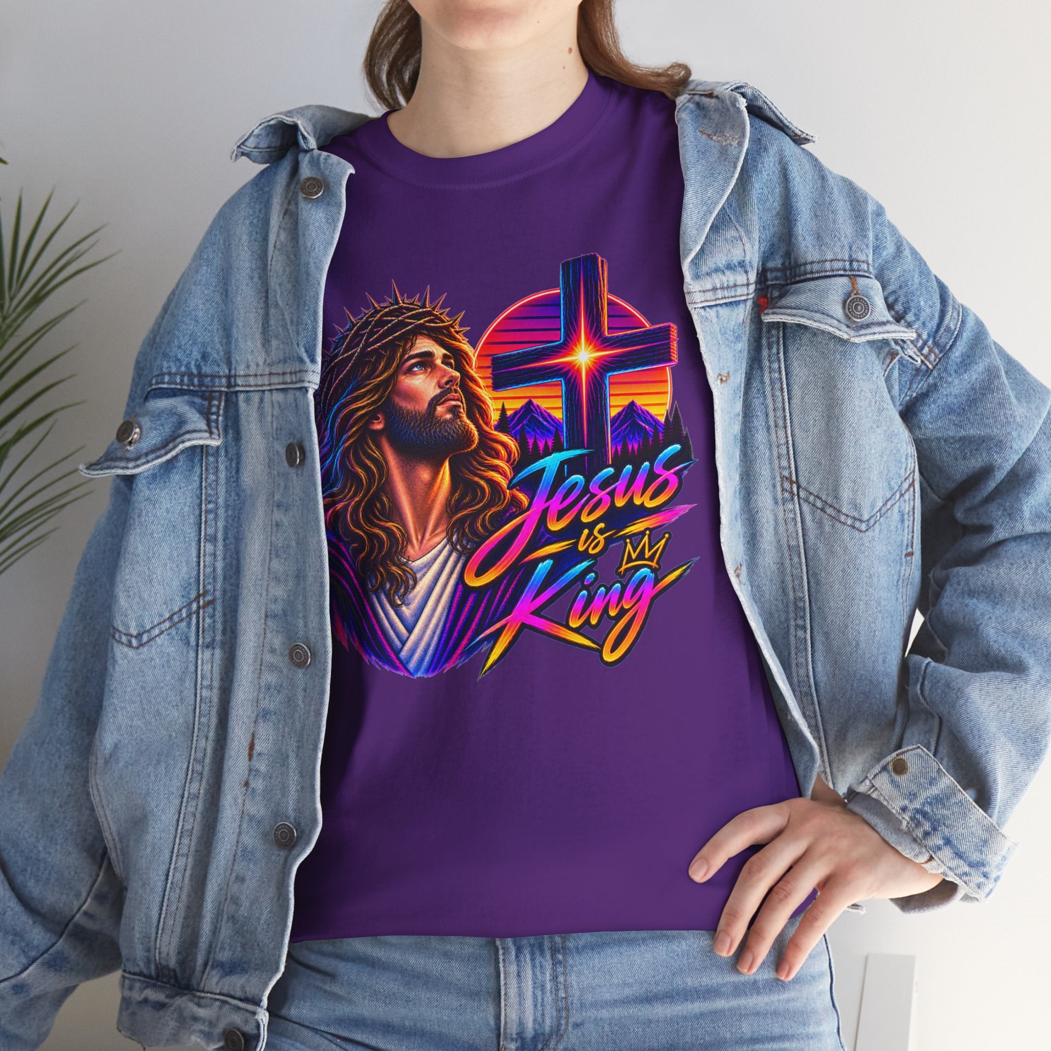 Jesus Is King T-Shirt — Neon Portrait Cross Christian Tee