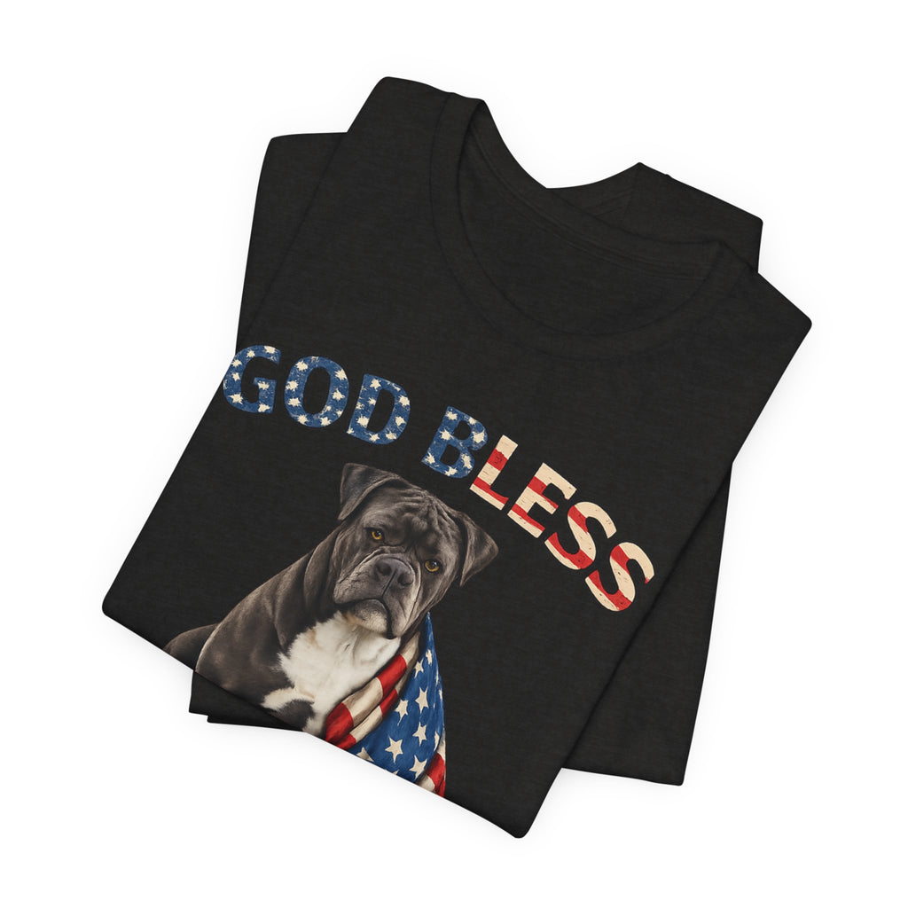 Patriotic Bulldog Tee – "God Bless America" USA Flag Dog T-Shirt