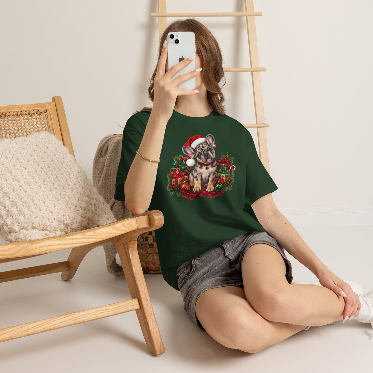 French Bulldog Christmas T-Shirt — Cute Puppy in Santa Hat Holiday Tee
