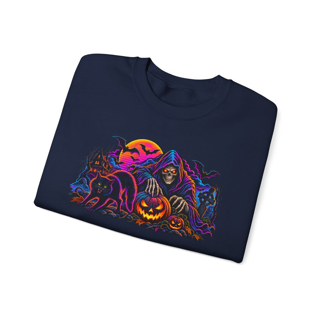 Halloween Crewneck Sweatshirt — Neon Haunted Pumpkin & Grim Reaper Design
