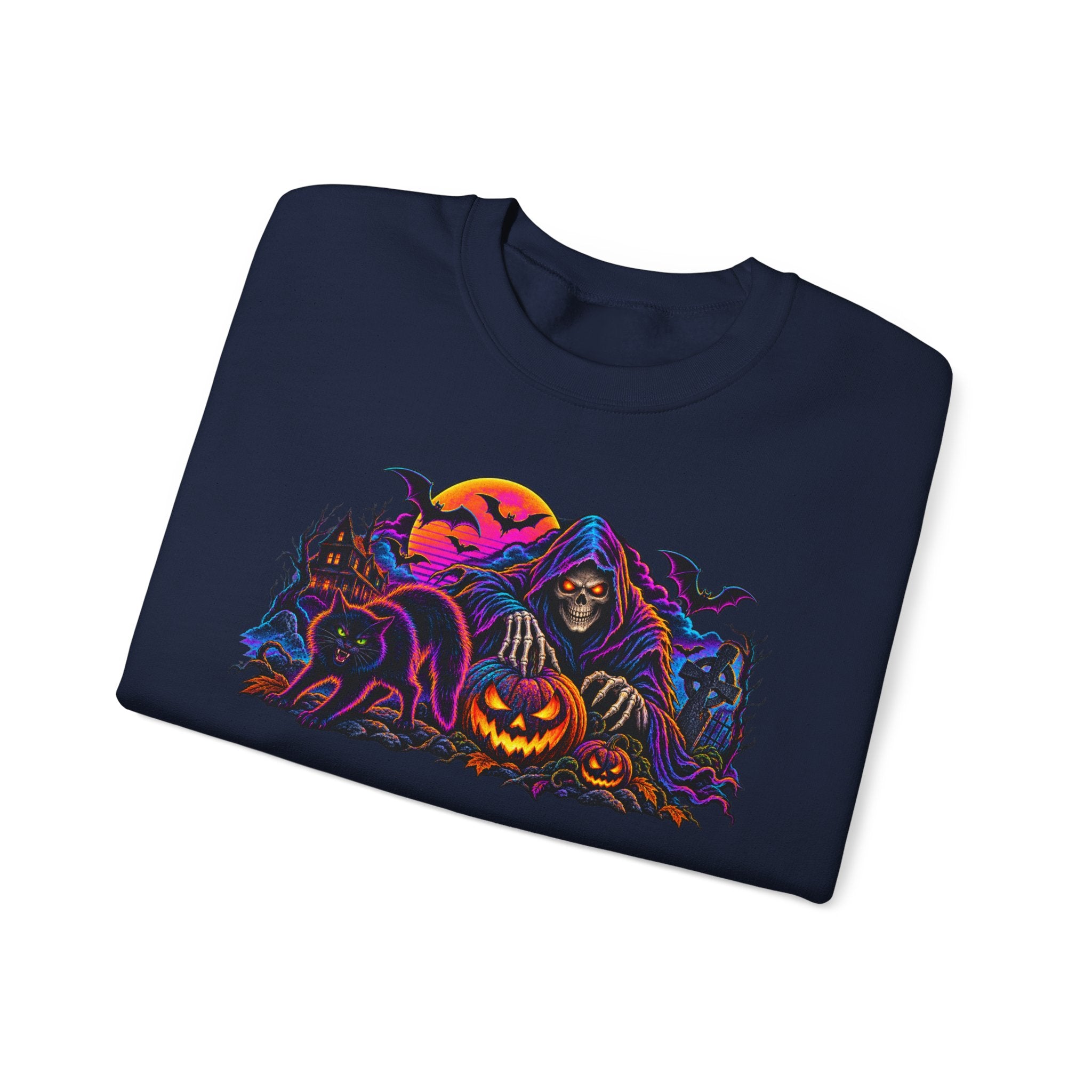Halloween Crewneck Sweatshirt — Neon Haunted Pumpkin & Grim Reaper Design