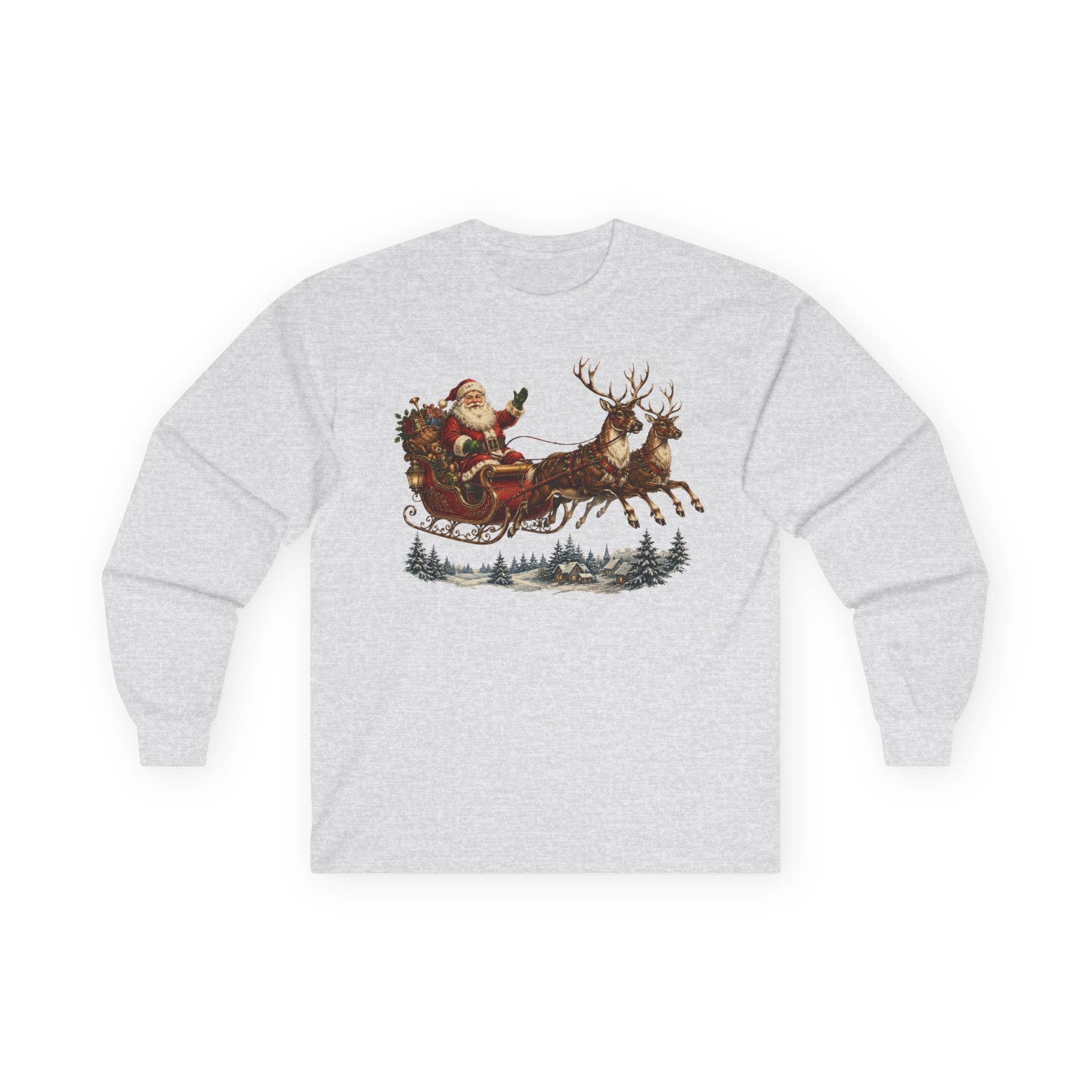 Santa Sleigh Long Sleeve Tee — Vintage Christmas Reindeer Shirt