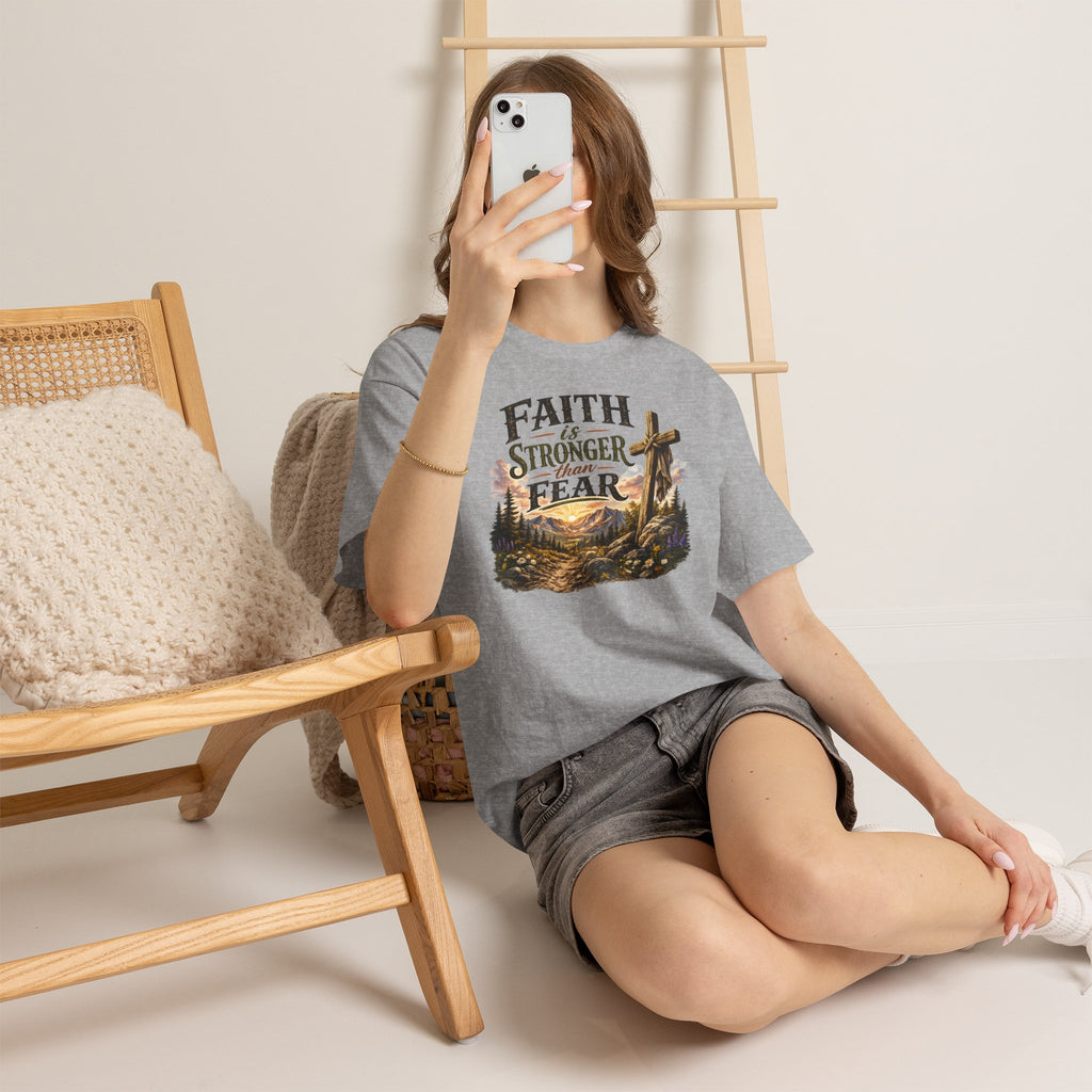 Faith Is Stronger Than Fear T-Shirt — Christian Cross Mountain Graphic Tee