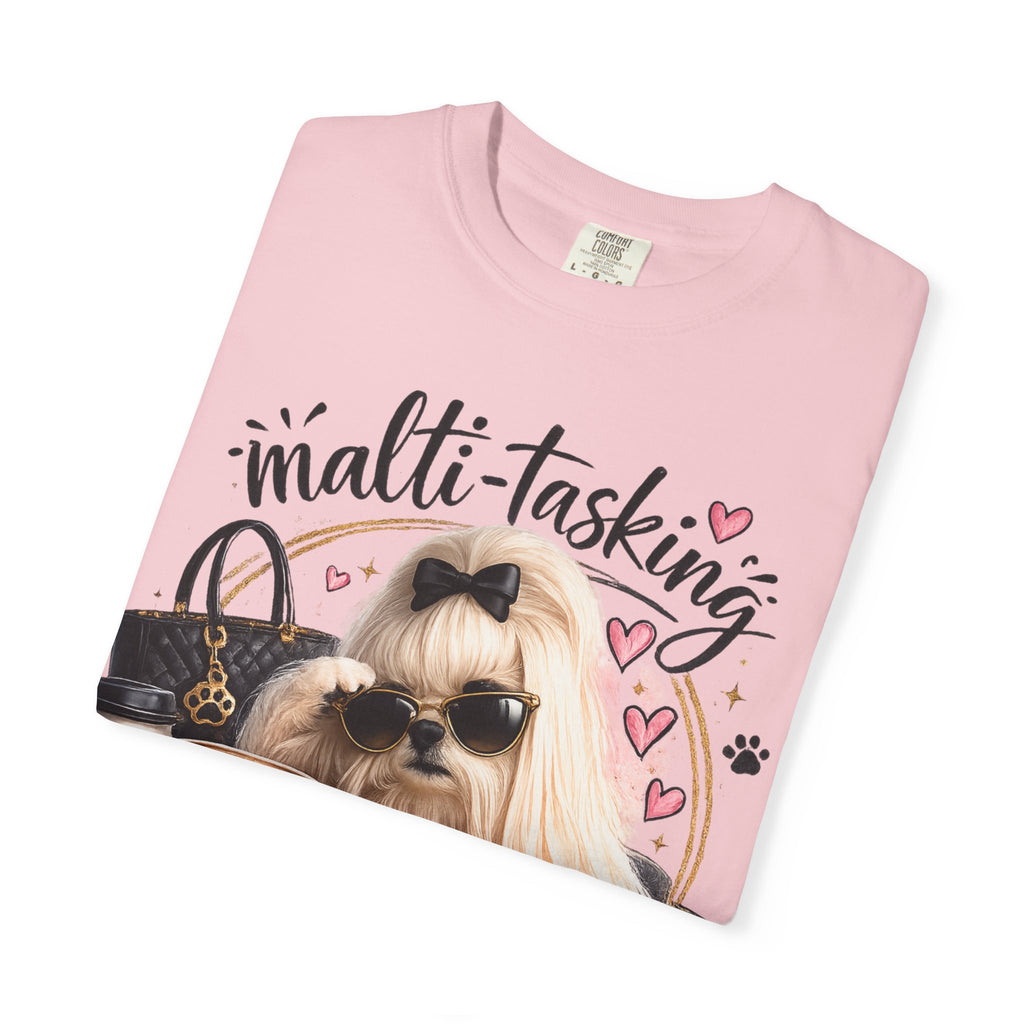 Multi-Tasking Mom T-Shirt – Cute Maltese Dog with Coffee & Handbag Graphic