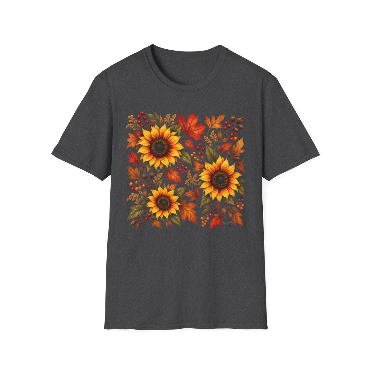 Sunflower & Autumn Leaves T-Shirt — Fall Floral Tee