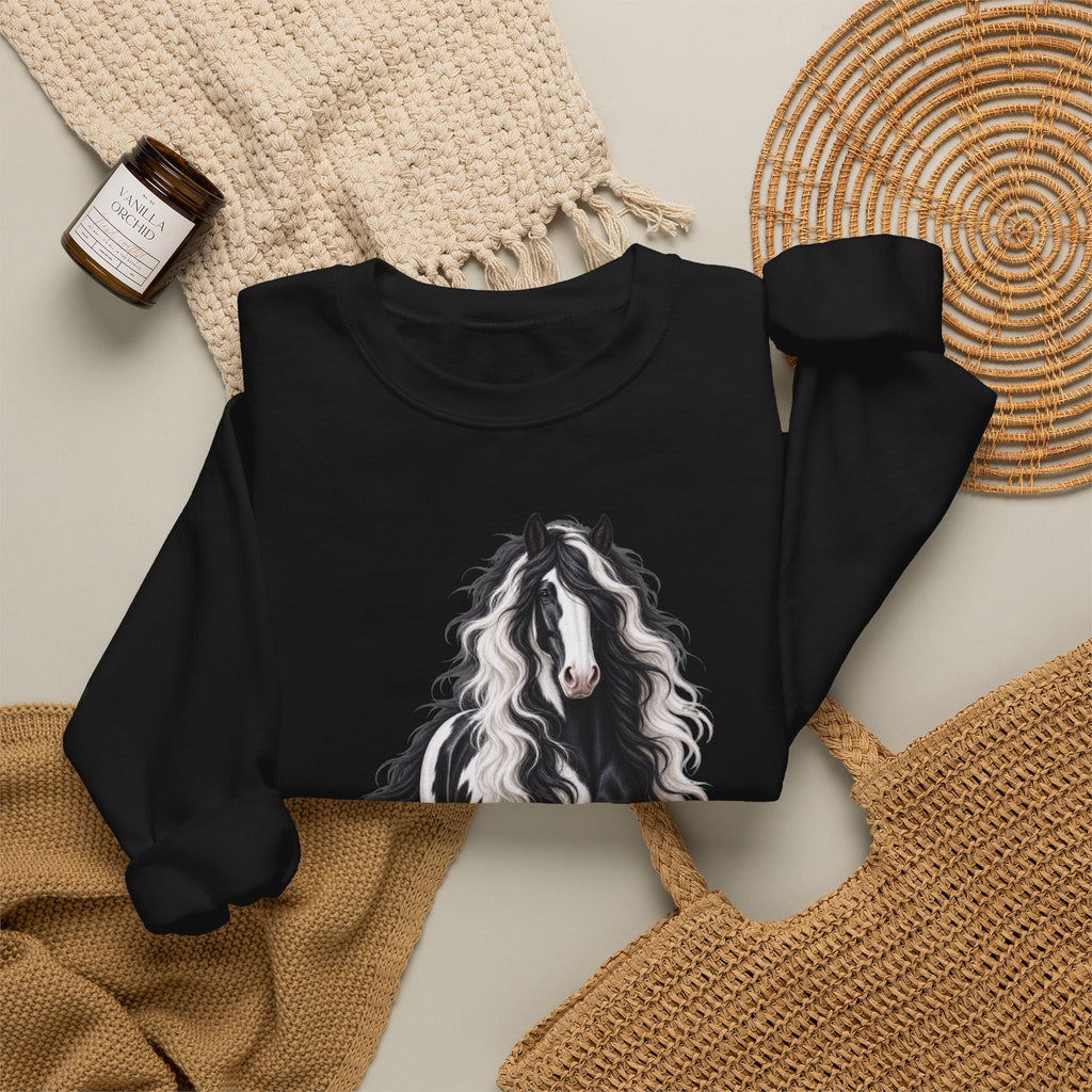 Gypsy Vanner Horse Crewneck Sweatshirt — Black & White Fluffy Pony Graphic