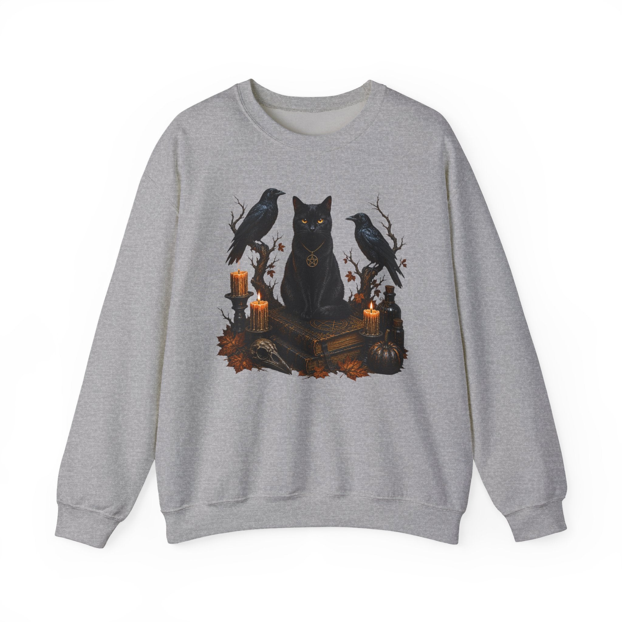 Witchy Black Cat Sweatshirt — Gothic Candle & Raven Halloween Crewneck