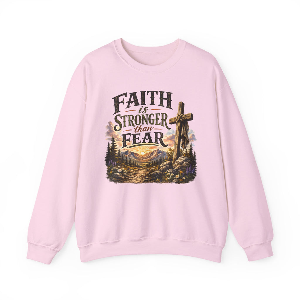 Faith Is Stronger Than Fear Crewneck Sweatshirt — Christian Cross Mountain Design
