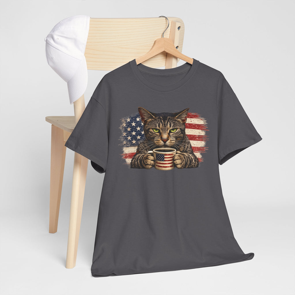 American Flag Cat T‑Shirt — Patriotic Kitten with Coffee Cup