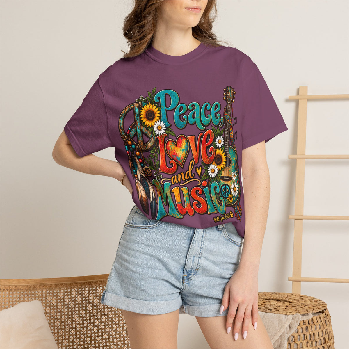 Peace, Love & Music Graphic T-Shirt — Retro Hippie Guitar Sunflower Tee