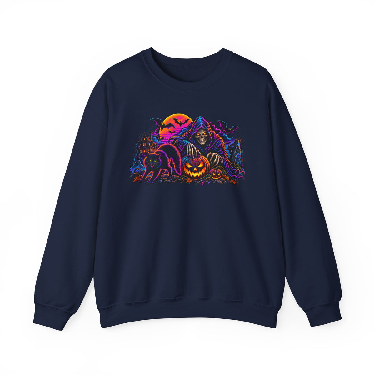 Halloween Crewneck Sweatshirt — Neon Haunted Pumpkin & Grim Reaper Design