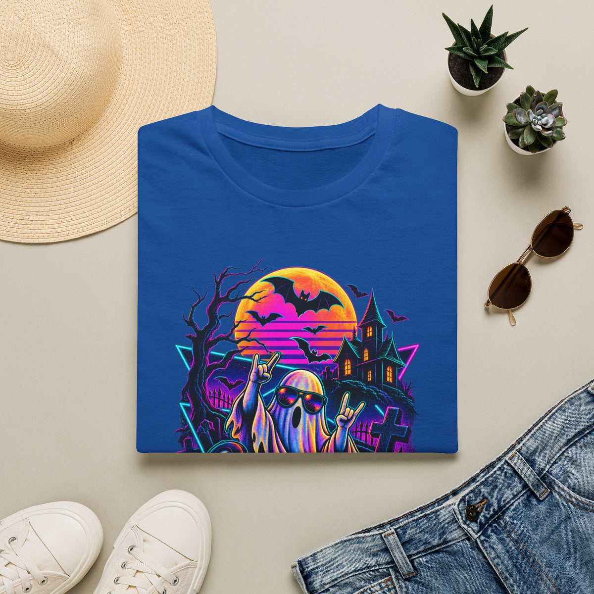 Halloween Neon Ghost T-Shirt — Retro Haunted House Pumpkin Design