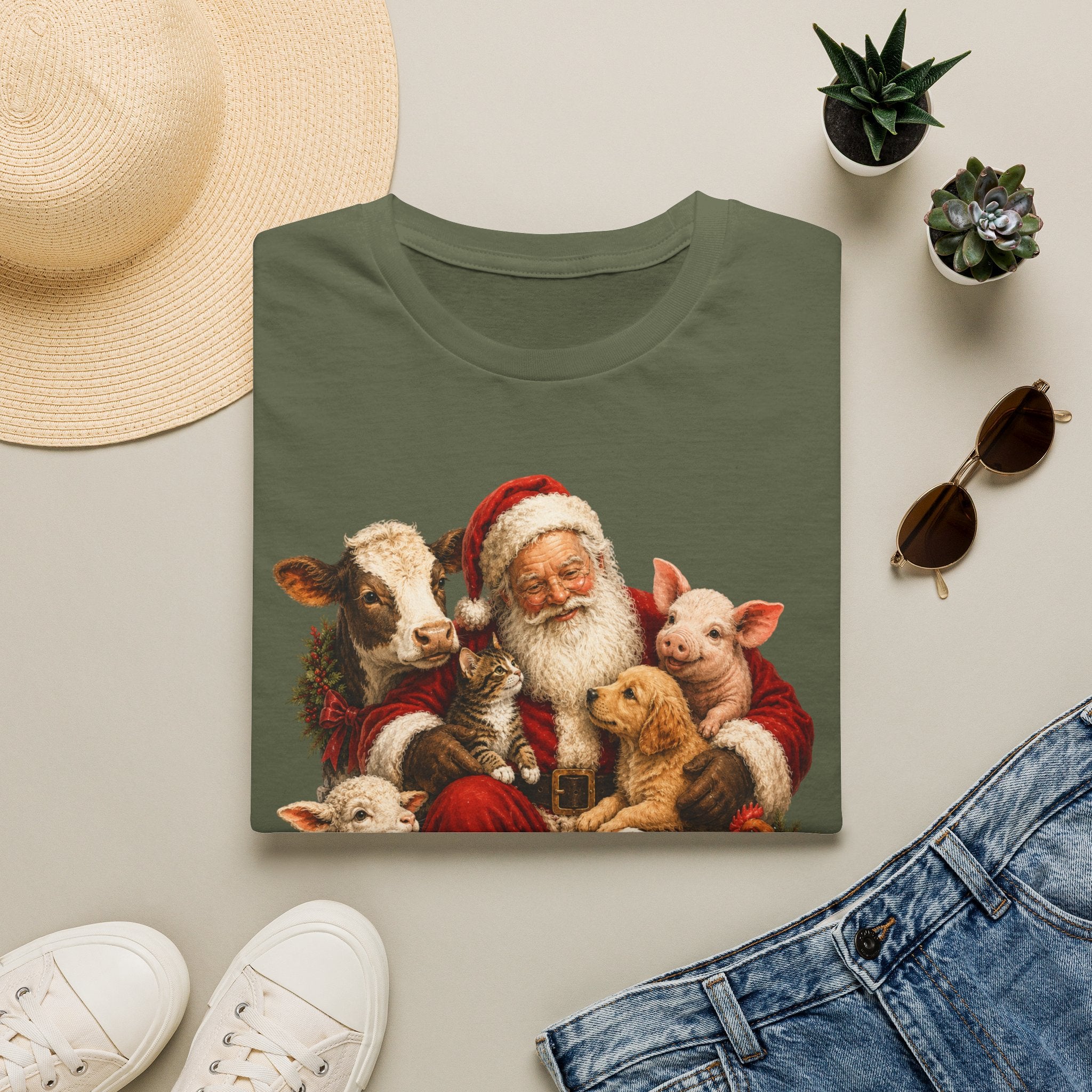 Santa with Farm Animals Christmas T-Shirt