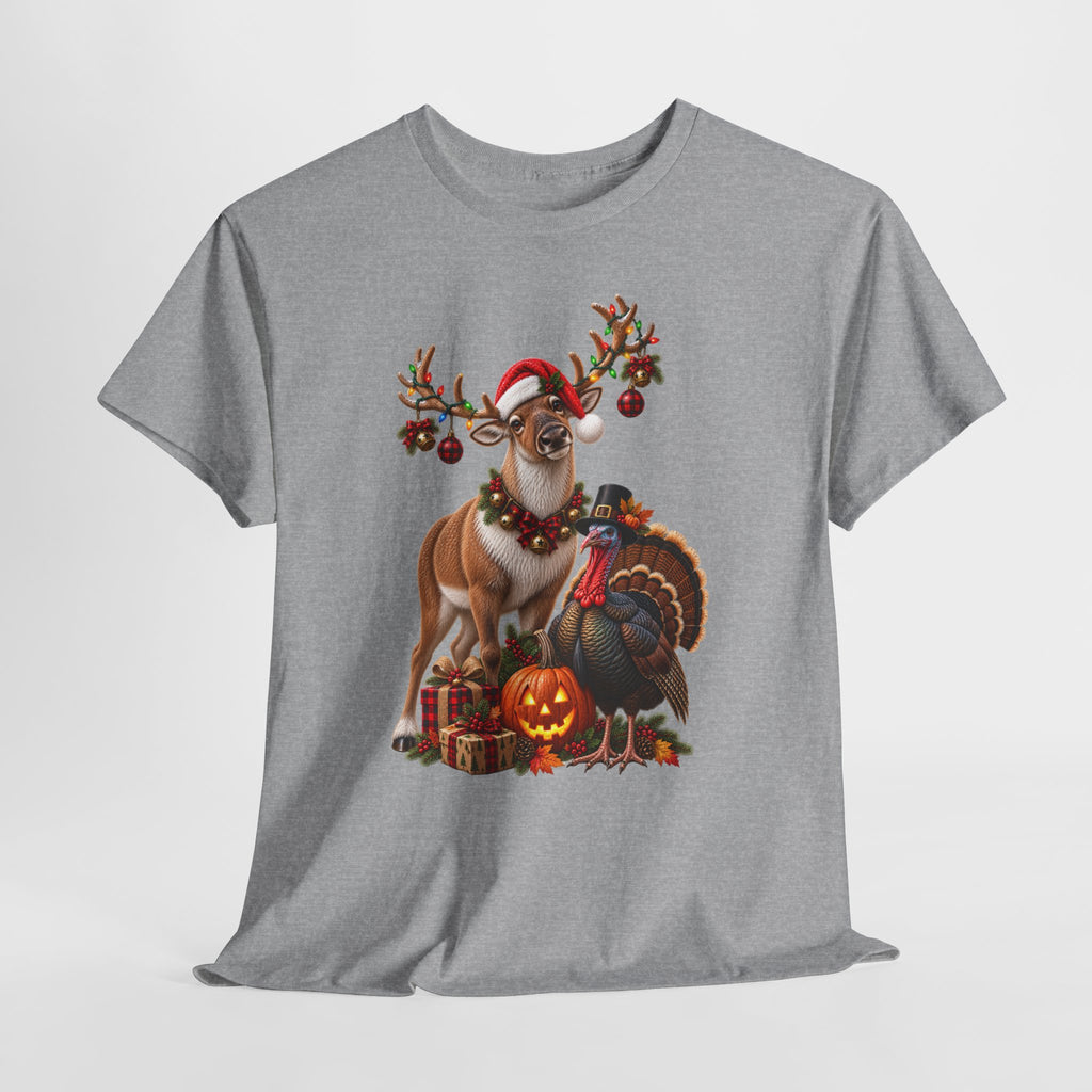 Holiday Mashup Tee — Reindeer with Turkey, Santa Hat & Jack-O’-Lantern