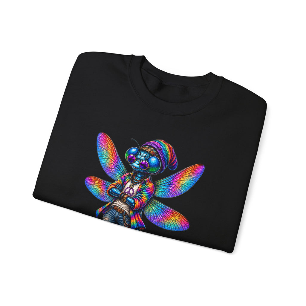 Neon Dragonfly Crewneck Sweatshirt — Rainbow Cyberpunk Kitty Graphic