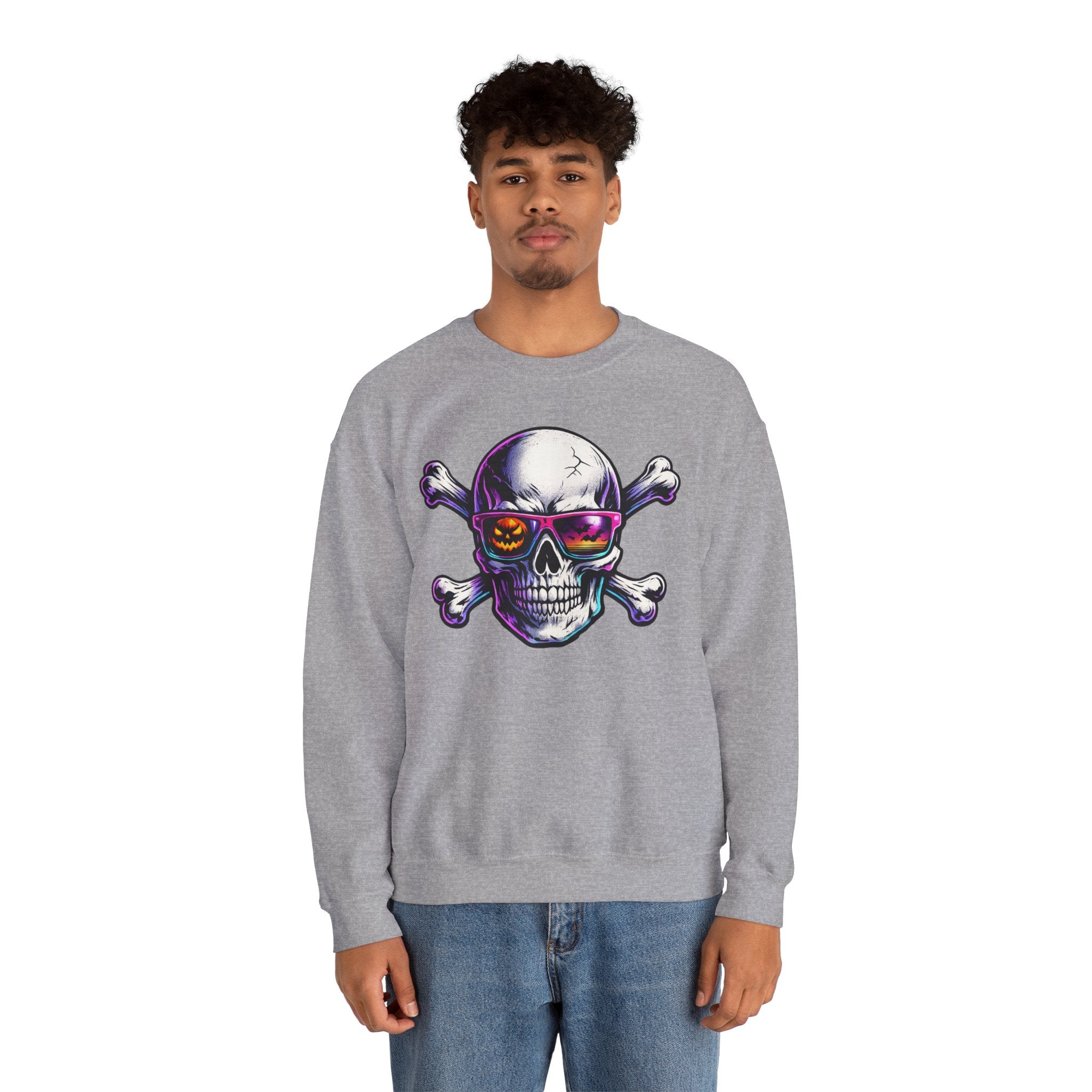 Skull & Crossbones Crewneck Sweatshirt — Neon Sunglasses Halloween Skull Graphic
