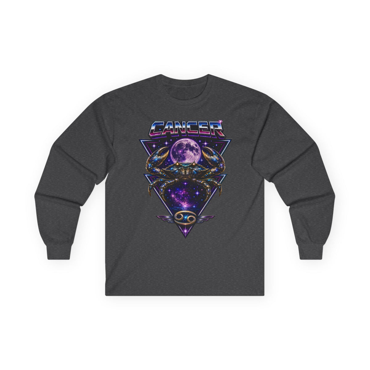 Cosmic Cancer Zodiac Crab Long Sleeve Tee — Retro Space Graphic "Cancer" Zodiac Shirt
