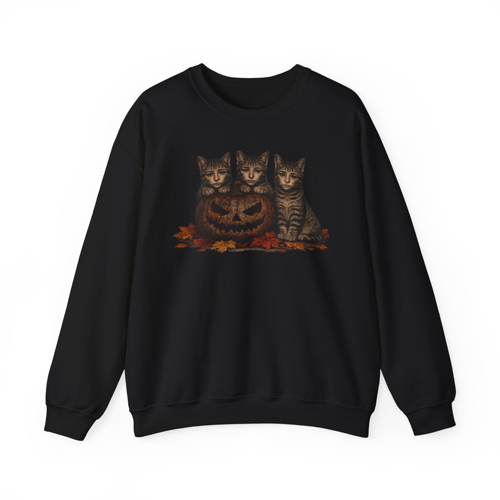 Halloween Cat Trio Crewneck Sweatshirt — Vintage Pumpkin Cats Fall Graphic