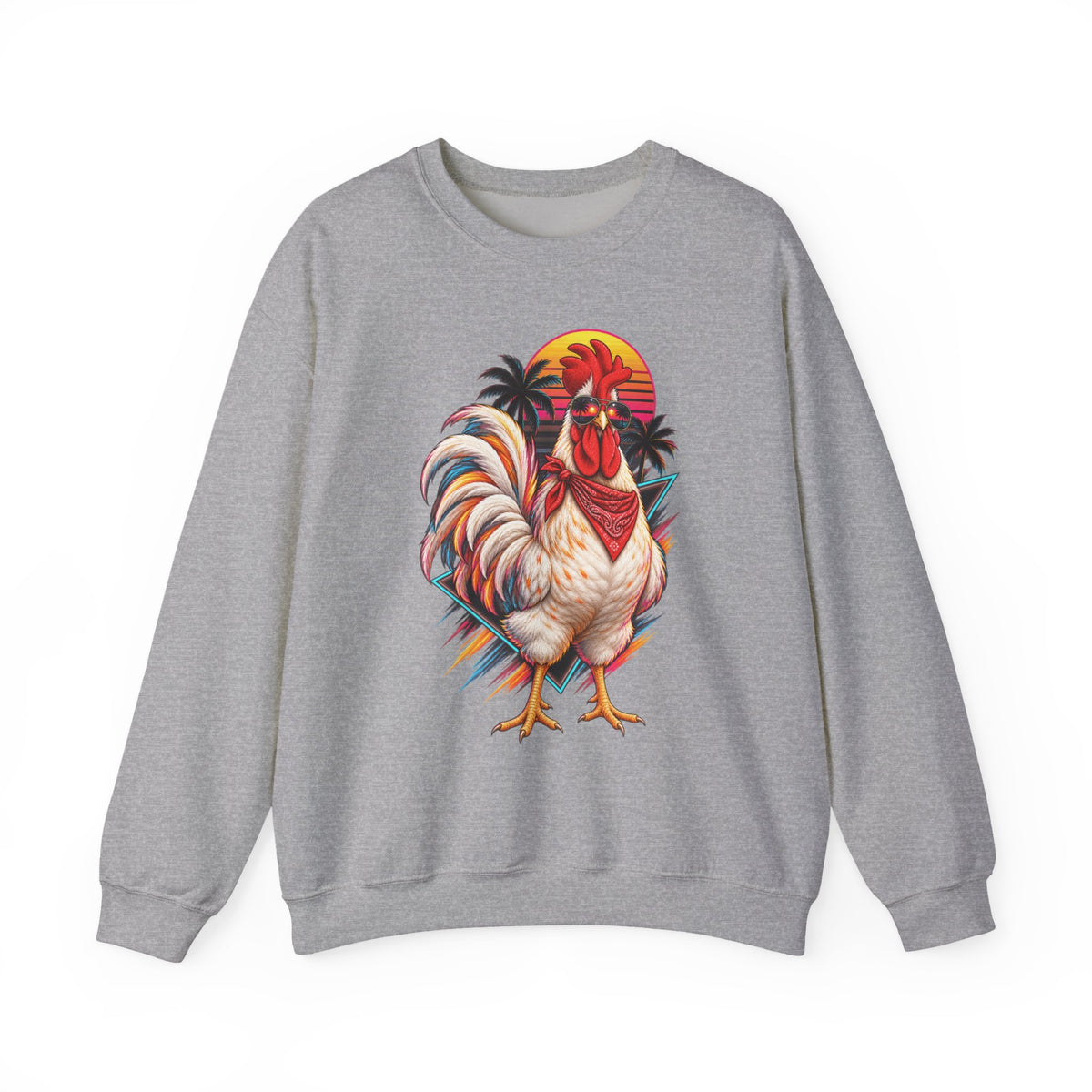 Rooster Sunset Crewneck Sweatshirt — Tropical Farm Rooster Graphic