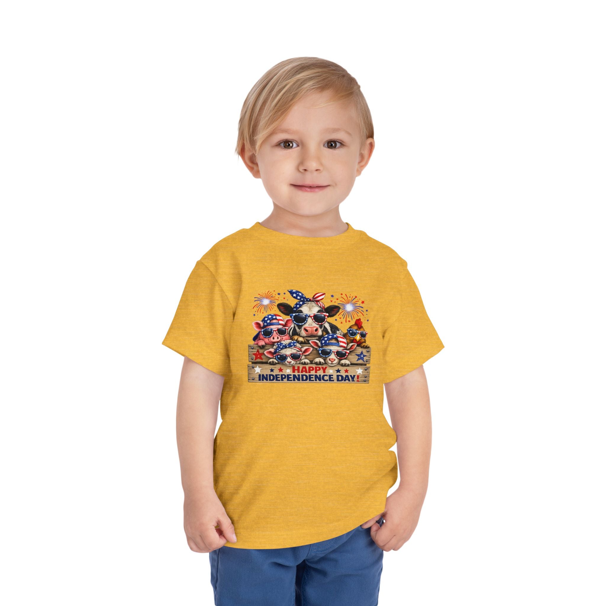Happy Independence Day Toddler Tee — Patriotic Farm Animals  & Fireworks 4th of July Shirt