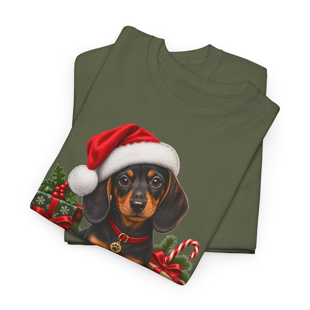 Christmas Dachshund T-Shirt – Cute Puppy in Santa Hat Holiday Tee