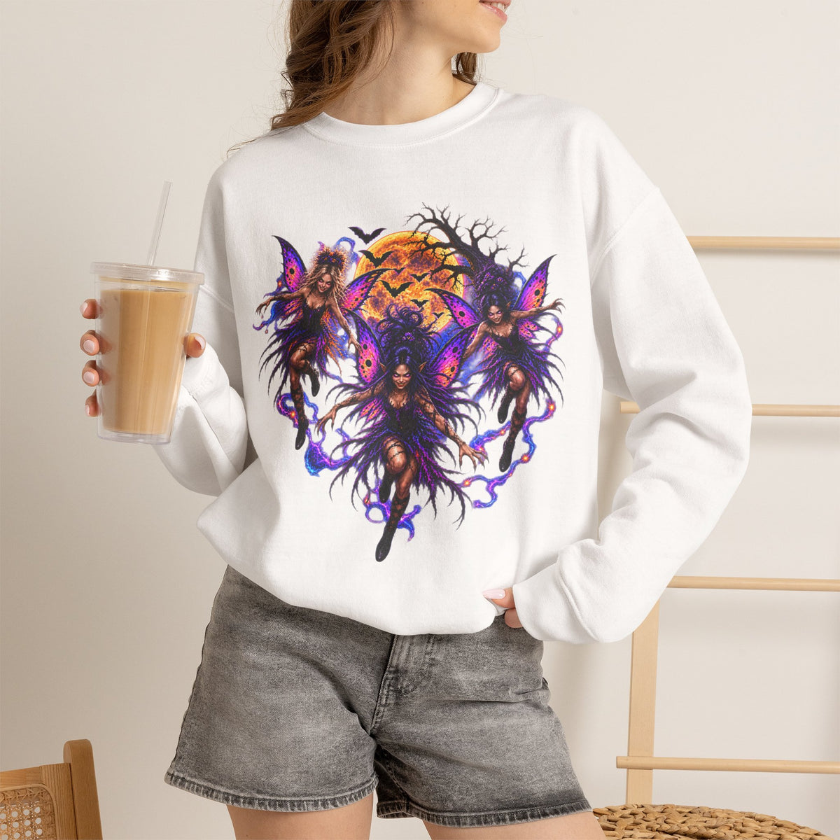 Fairy Moon Crewneck Sweatshirt — Gothic Purple Fairy Heart Graphic