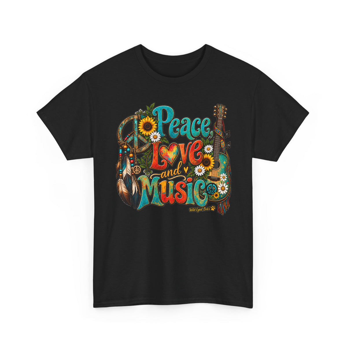 Peace Love Music T-Shirt — Retro Hippie Sunflower Graphic Tee