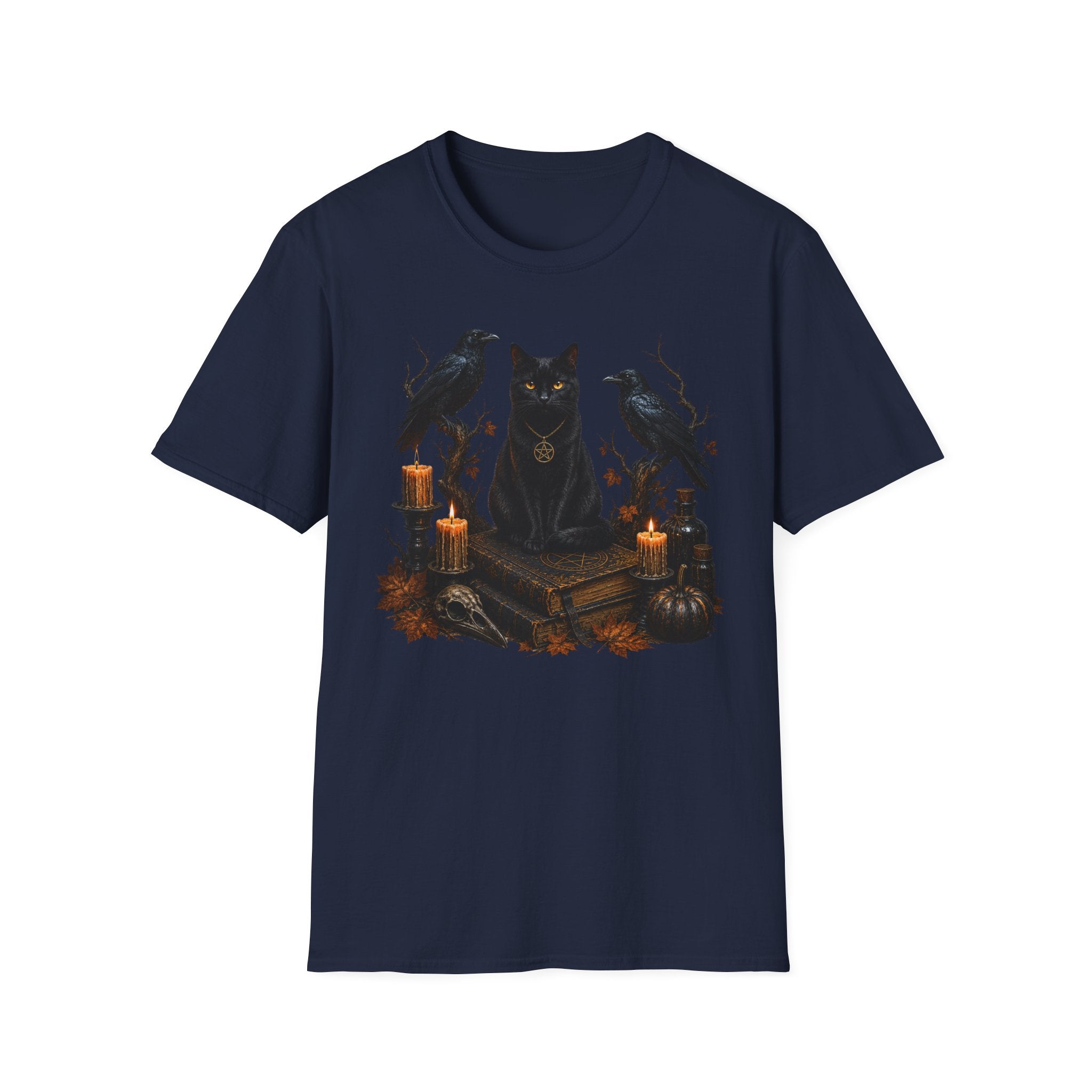 Occult Black Cat T-Shirt — Witchy Candle & Raven Spell Design