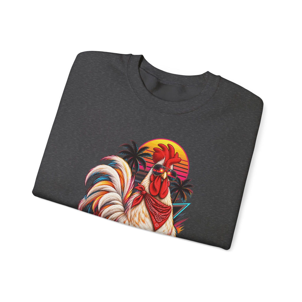 Rooster Sunset Crewneck Sweatshirt — Tropical Farm Rooster Graphic