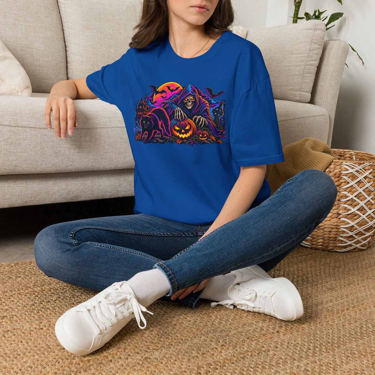 Halloween Grim Reaper T-Shirt — Pumpkin, Bats & Haunted Night Graphic Tee
