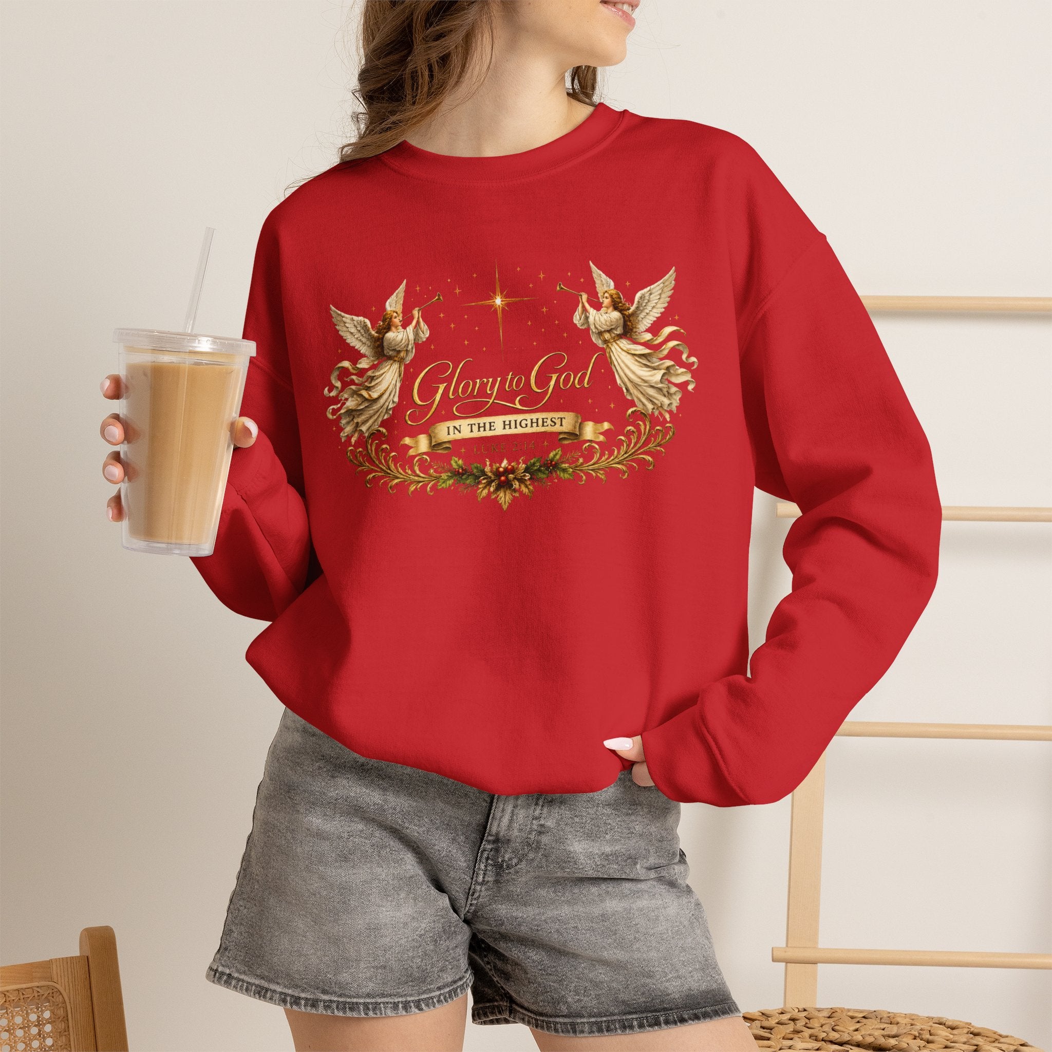 Glory to God Crewneck Sweatshirt — Angel Wings & Star Christian Holiday Pullover