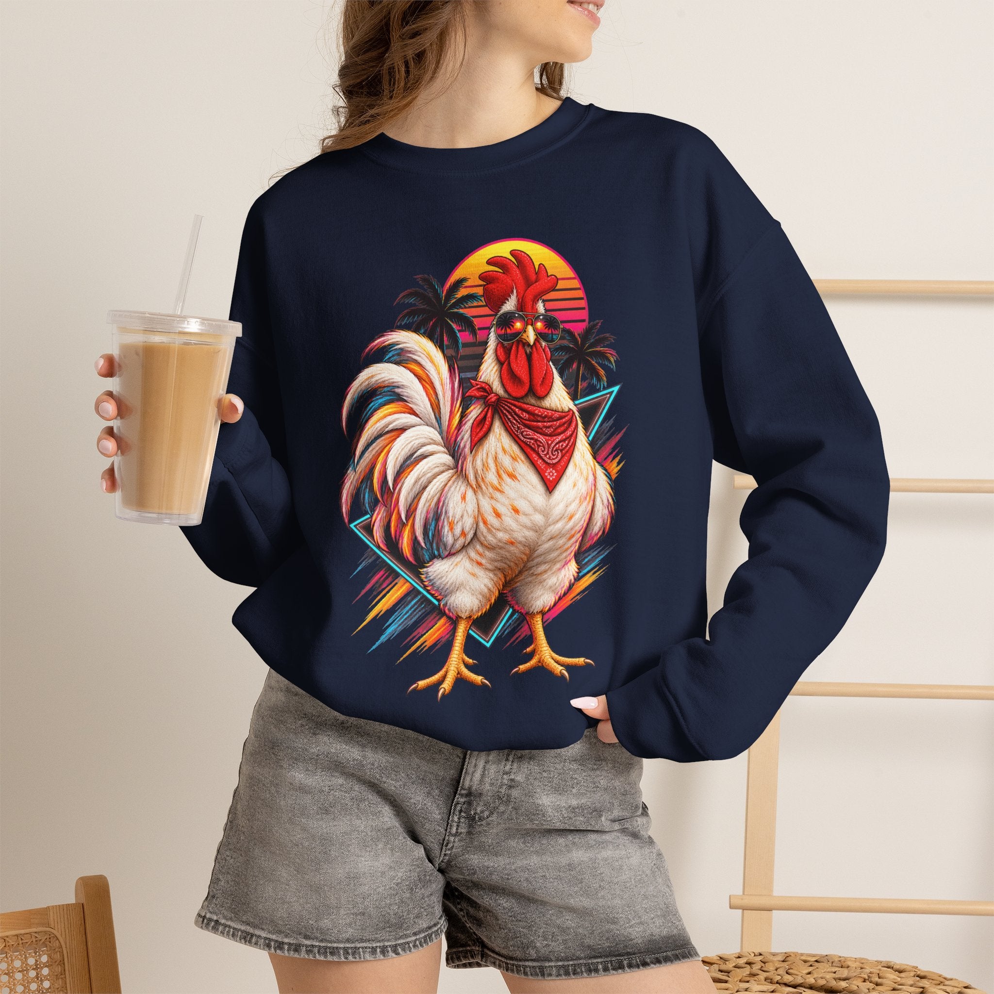Rooster Sunset Crewneck Sweatshirt — Tropical Farm Rooster Graphic