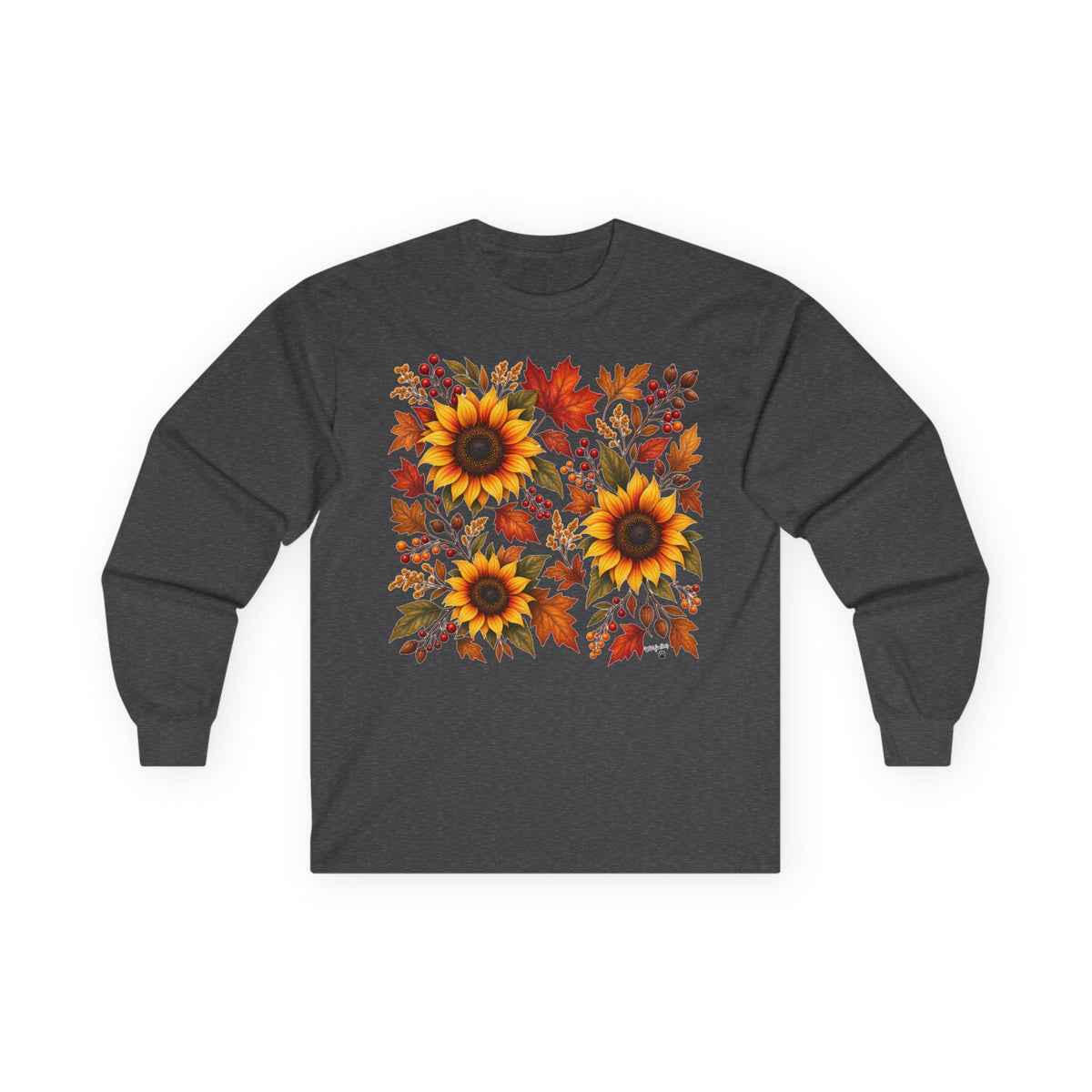 Sunflower & Autumn Leaves Long Sleeve Tee — Fall Floral Graphic Shirt