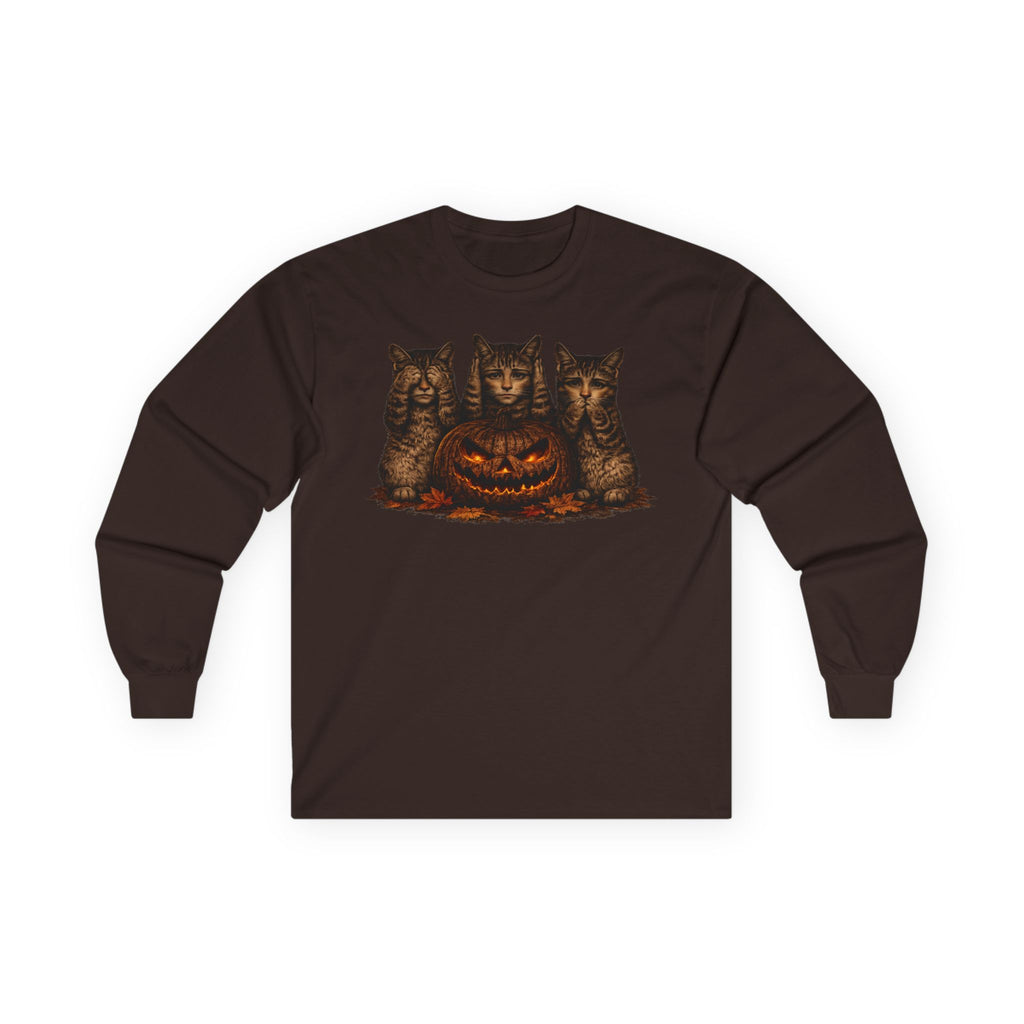 Anthropomorphic Trio Of  Cats Long Sleeve Tee — Three Kittens with Jack-O'-Lantern Graphic