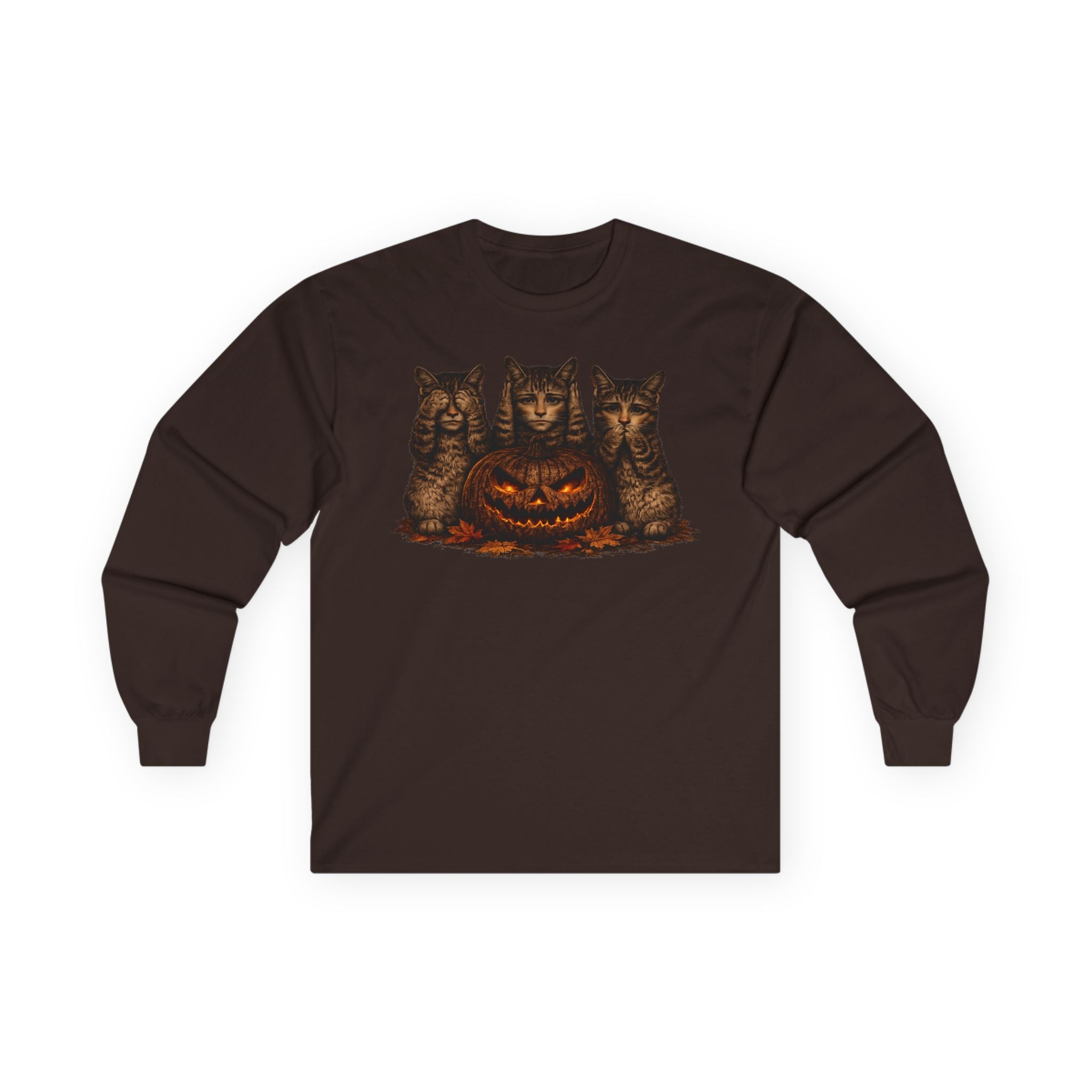Anthropomorphic Trio Of  Cats Long Sleeve Tee — Three Kittens with Jack-O'-Lantern Graphic