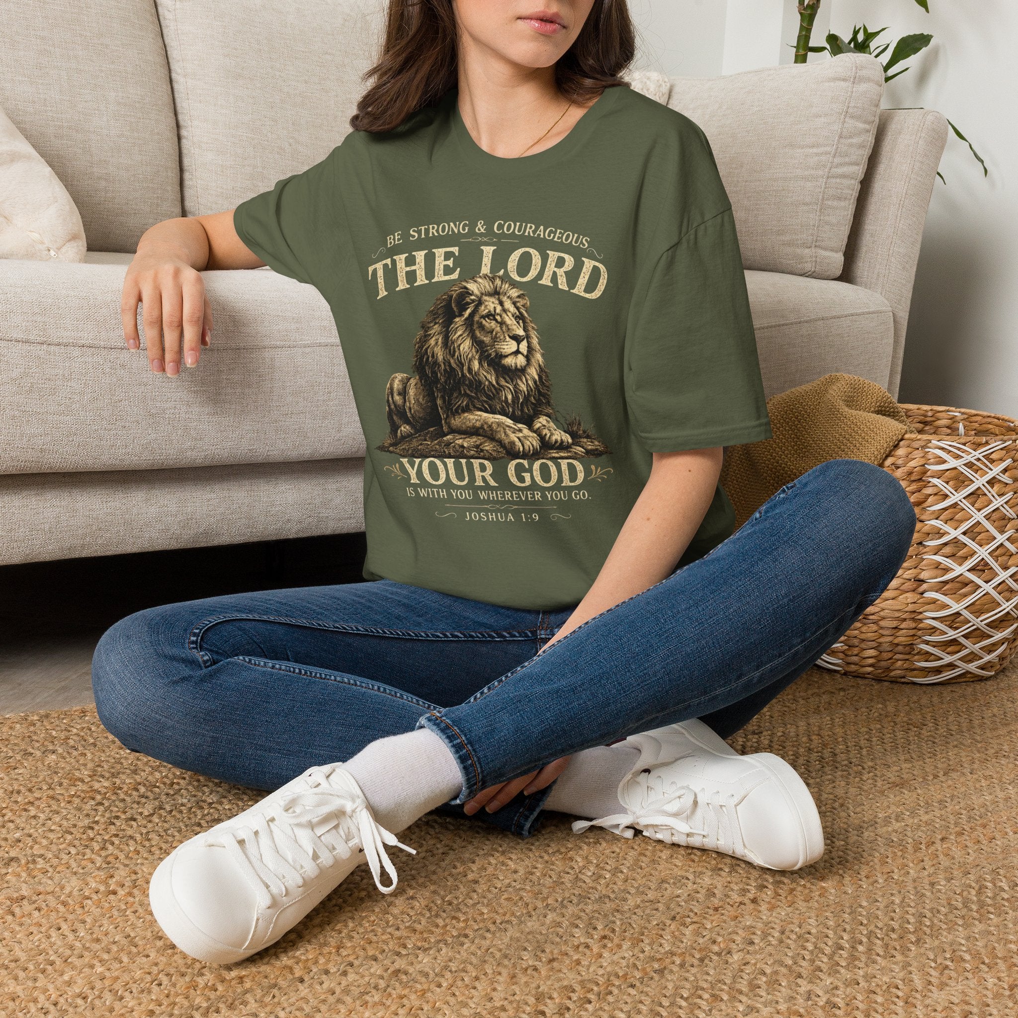 Be Strong & Courageous The Lord Lion T-Shirt — Christian Faith Tee (Joshua 1:9)