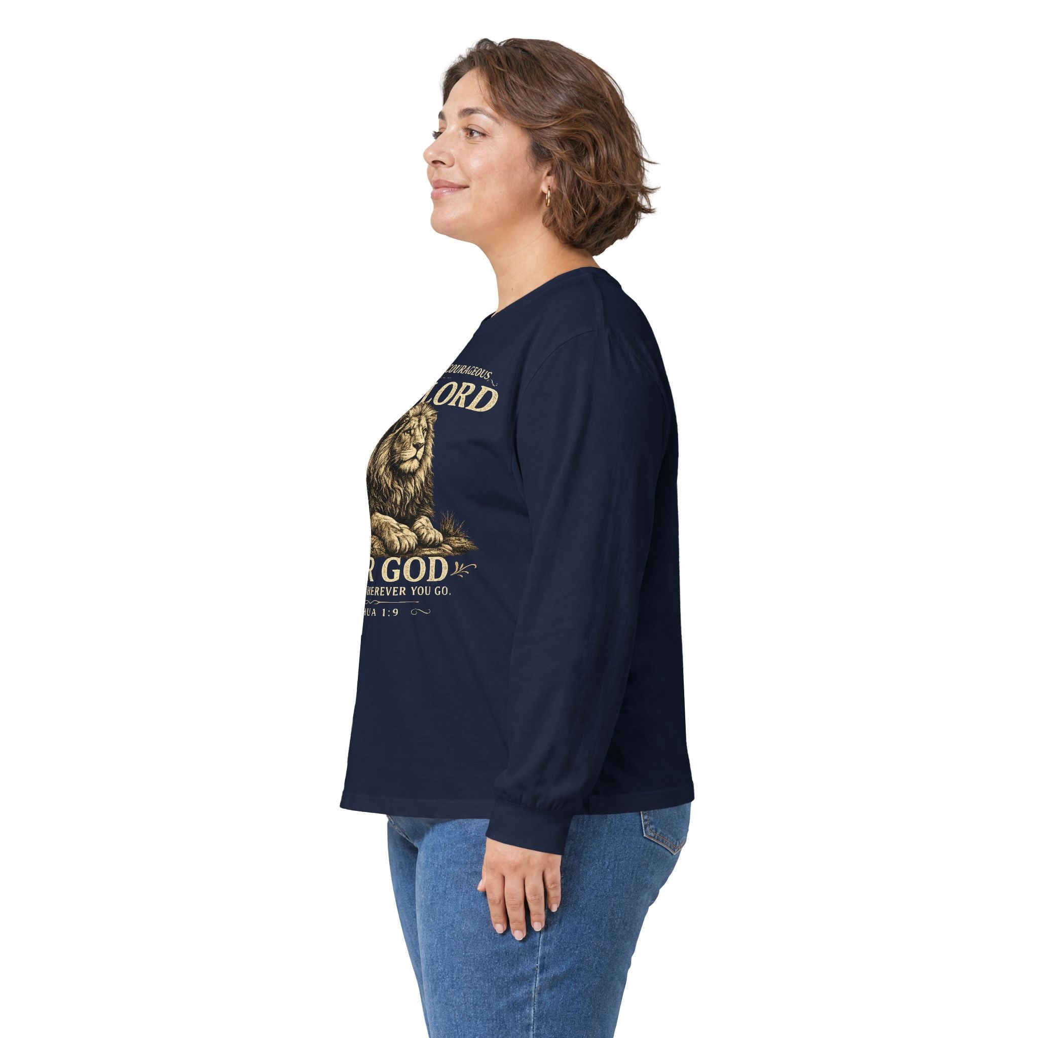 Christian Lion Long Sleeve Tee — “Be Strong & Courageous, The Lord Your God” Inspirational Shirt