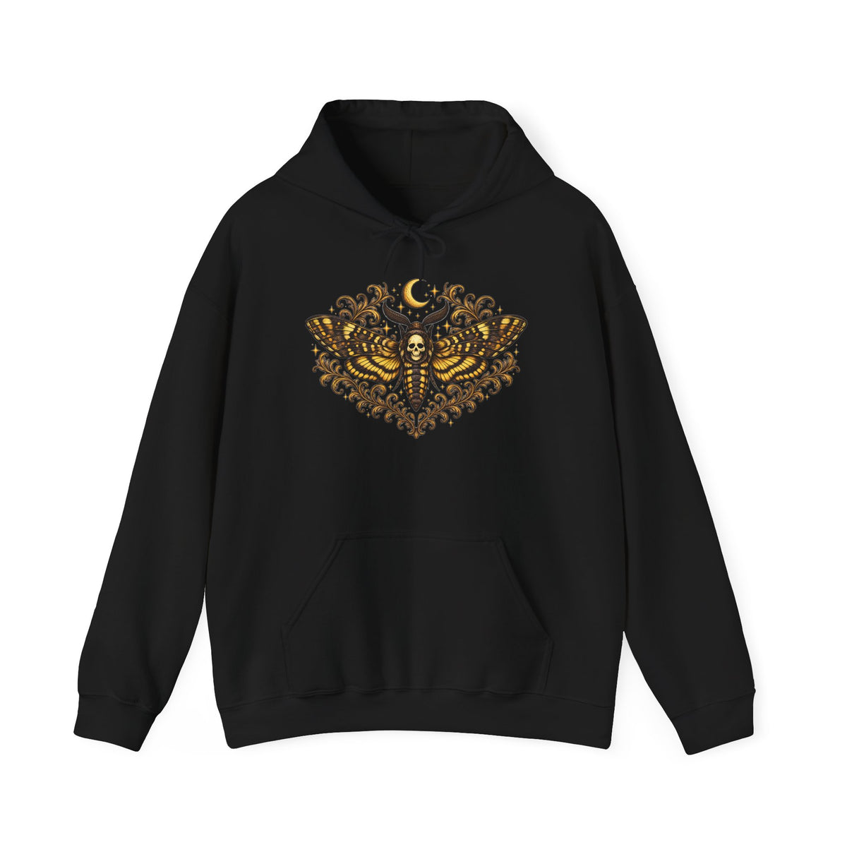 Mystic Death Moth Skull Hoodie – Crescent Moon Gothic Graphic Sweatshirt