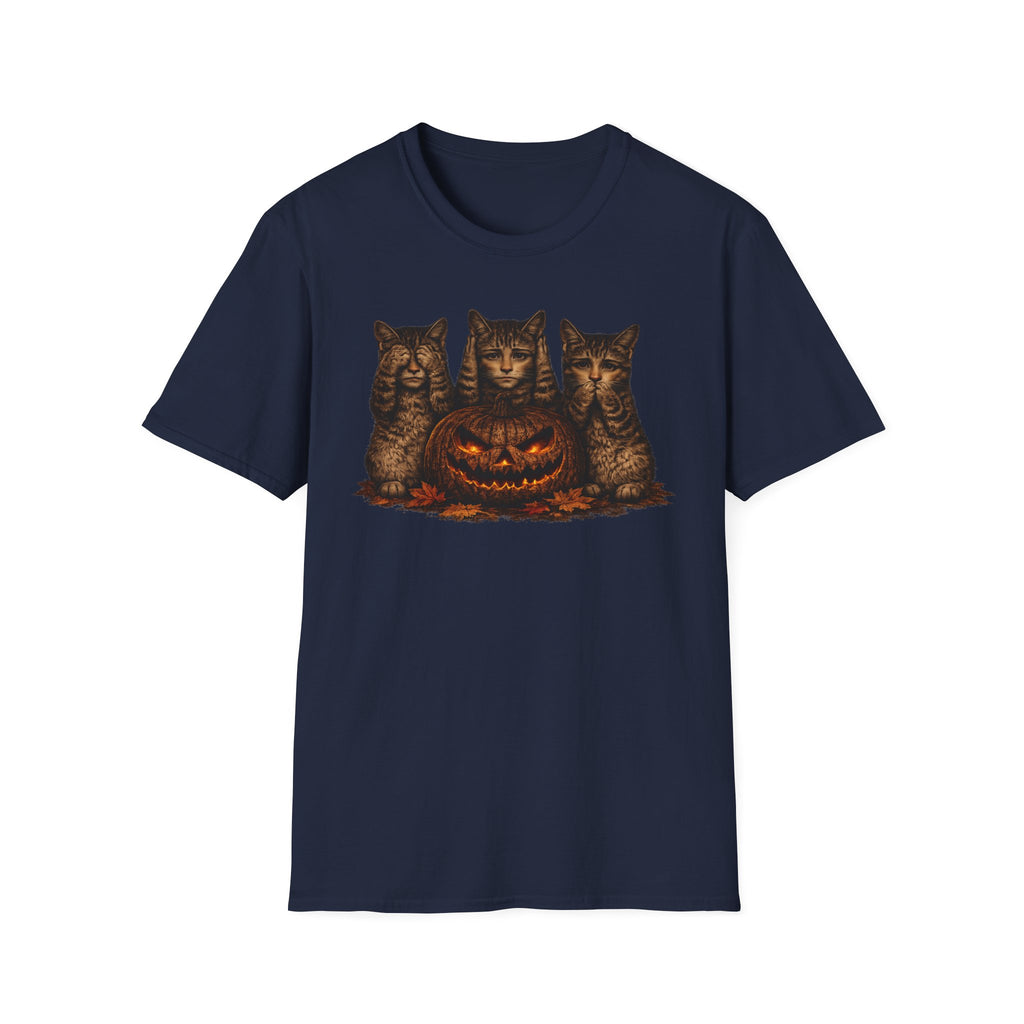 No Evil... Anthropomorphic Cat Pumpkin T-Shirt — Three Spooky Cats with Jack-O'-Lantern
