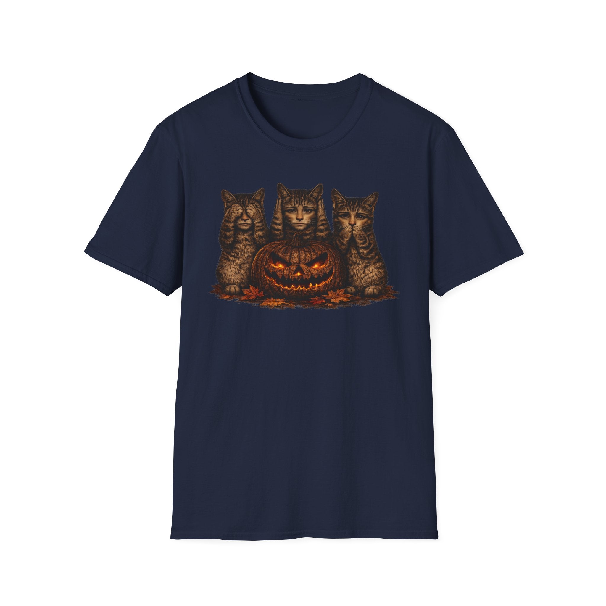 No Evil... Anthropomorphic Cat Pumpkin T-Shirt — Three Spooky Cats with Jack-O'-Lantern