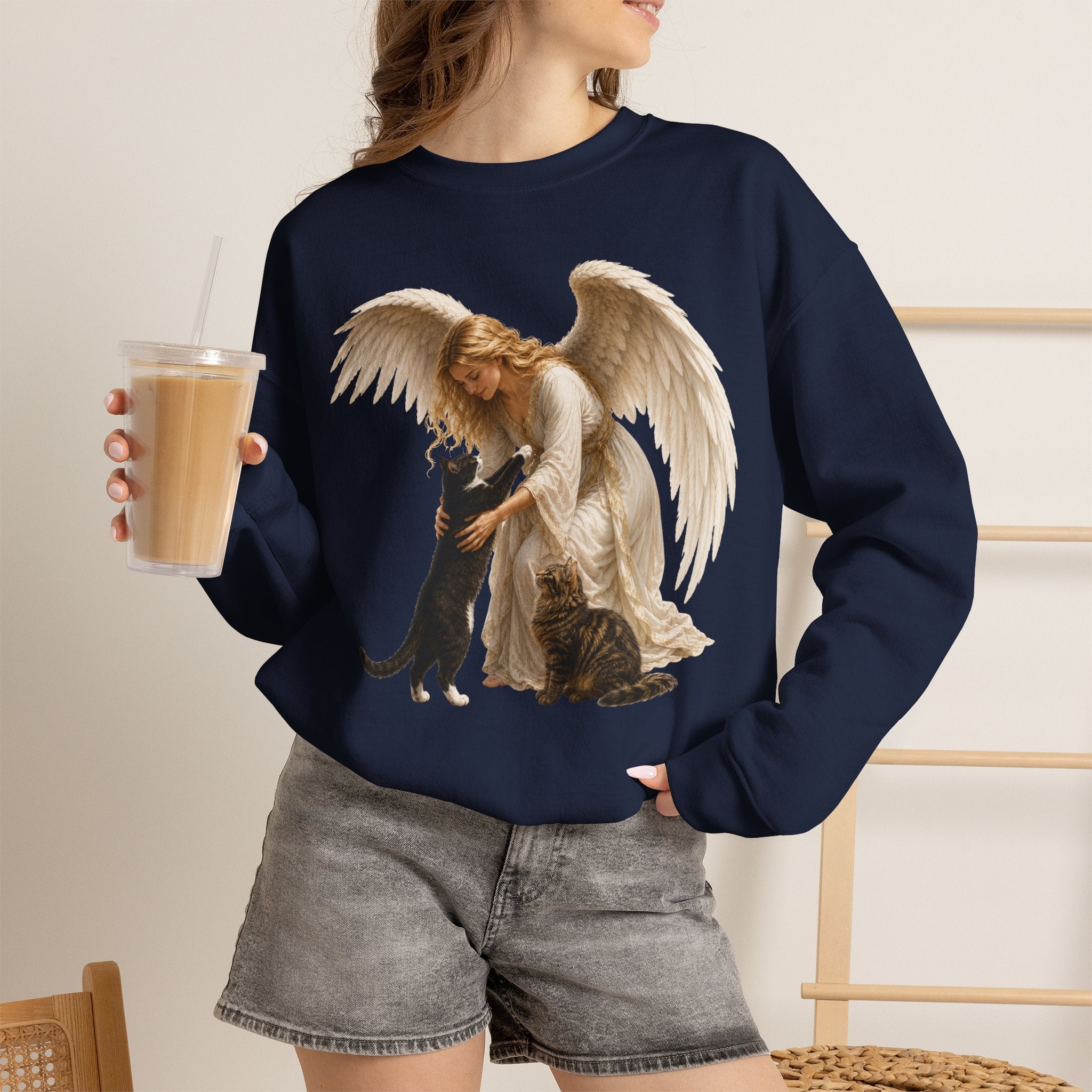 Angel Embrace cat Sweatshirt — Winged Guardian with Cat Graphic
