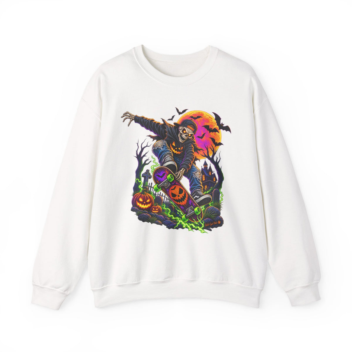 Halloween Skeleton Graveyard Sweatshirt — Spooky Pumpkin & Bats Crewneck
